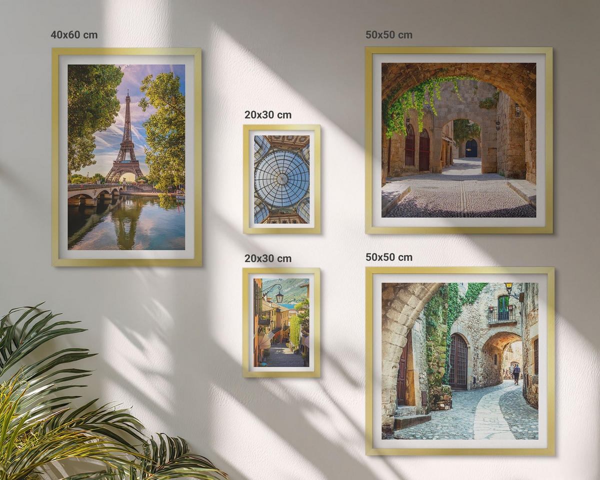 WANDBILDER 5er Set - 50x50 cm & 20x30 cm & 40x60 cm Goldrahmen - Grüne, saftige Blätter - Goldfarben, Kunststoff (40/60cm) - ArtPrintCave