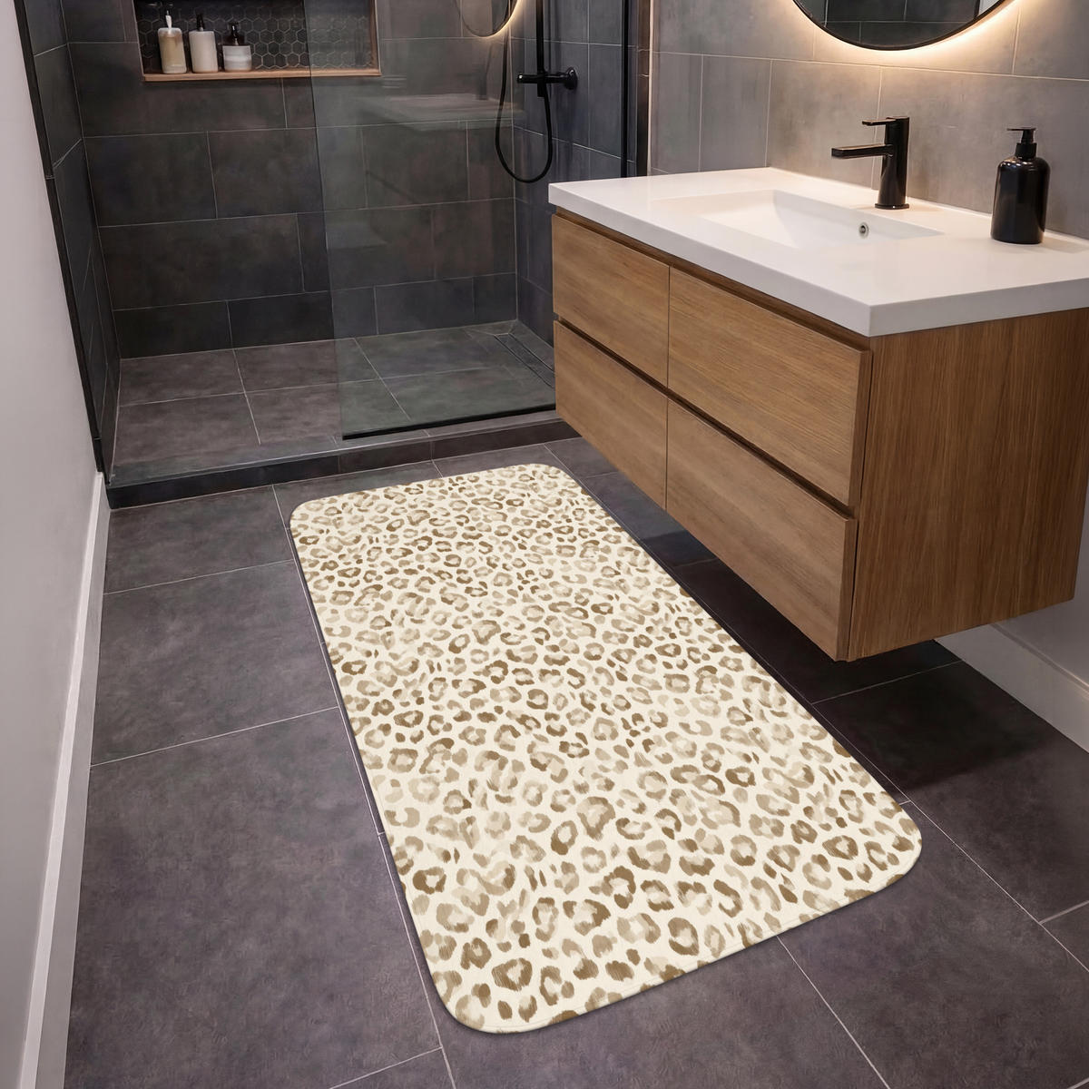 KOUPELNOVÁ PŘEDLOŽKA Leopard - Classic - Béžová 60x120 cm - světle hnědá, textil/plast (60/120cm)