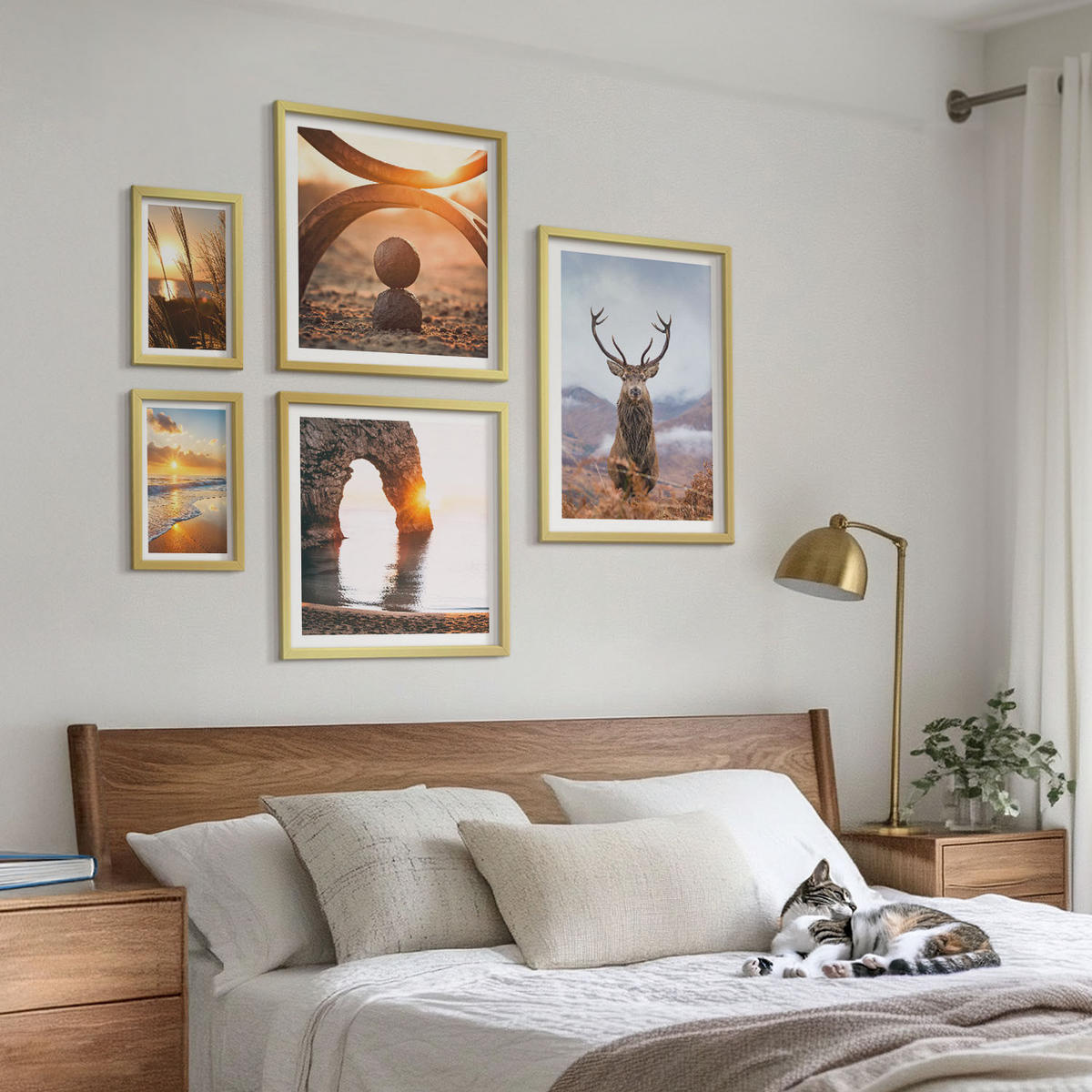 BILDER SET 5er Set - 50x50 cm & 20x30 cm & 40x60 cm Goldrahmen - Blätter des Weißen Tigerwasserfalls - Goldfarben, Kunststoff (40/60cm) - TULUP