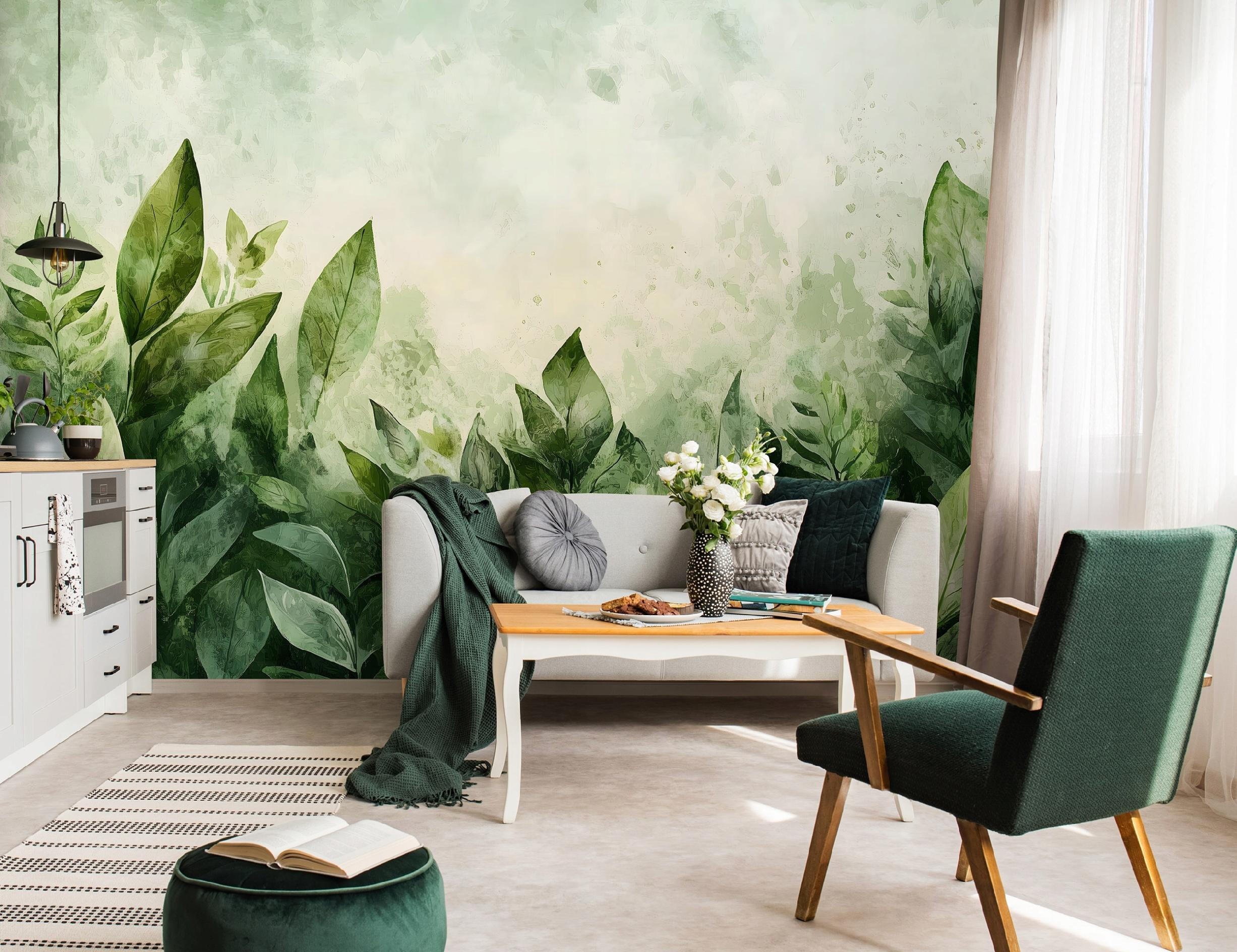 FOTOTAPETE Blätter Betonwand Wohnzimmer Vliestapete 150x105 - Grün, Papier (150/105cm) - Wallarena