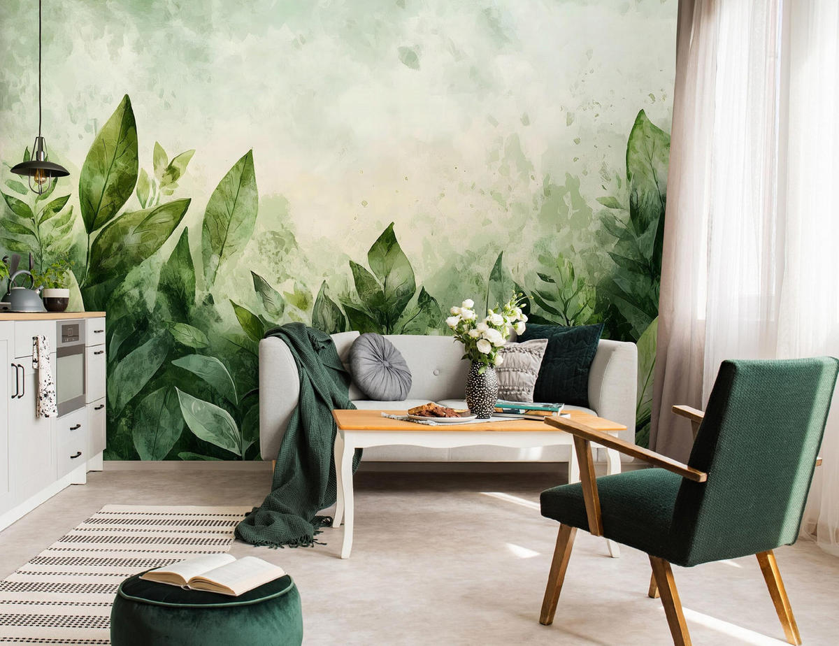 FOTOTAPETE Blätter Betonwand Wohnzimmer Vliestapete 300x210 - Grün, Papier (300/210cm) - Wallarena