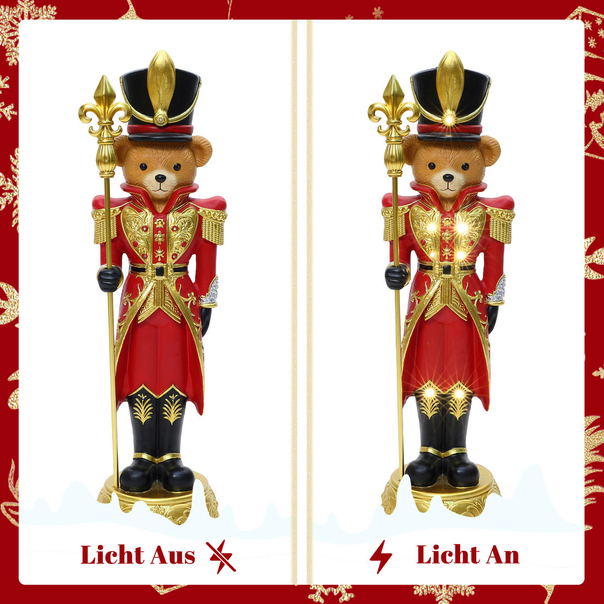 HOMETOPIA Nussknacker Bär Figur 91,5 cm, Weihnachtsdeko mit LED & Timer - Dunkelrot, Naturmaterialien (25/91/27.5cm) - Hometopia
