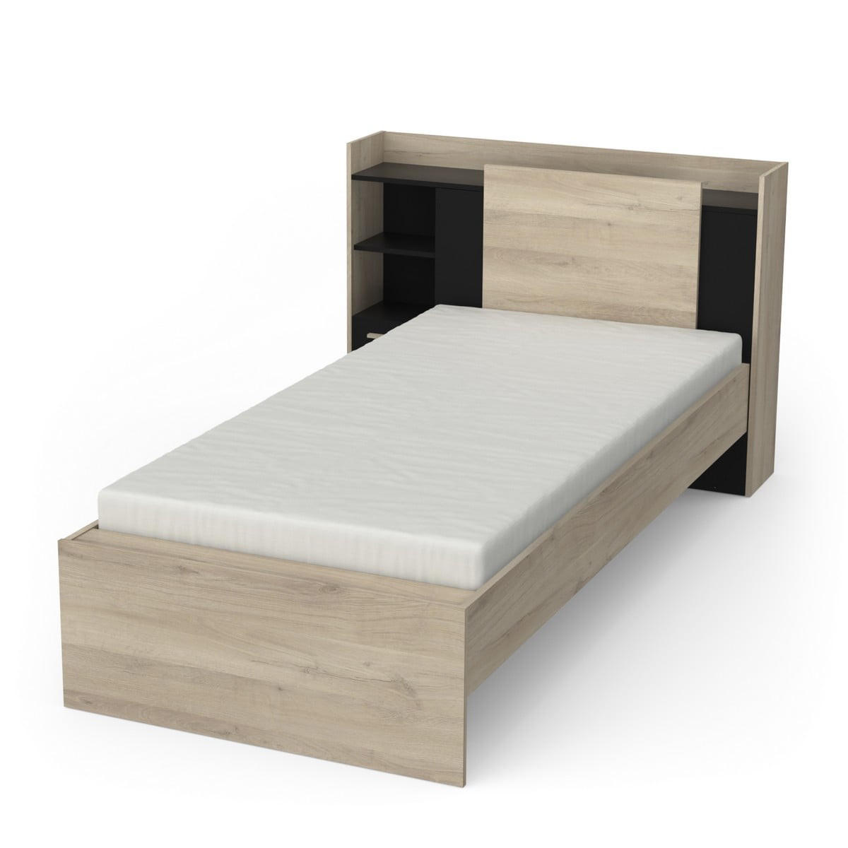 BETT in 90x190/200 cm 1 Schublade und 1 Nische - L124,5 cm - Eichefarben/Schwarz, Holzwerkstoff (190/90cm) - Calicosy