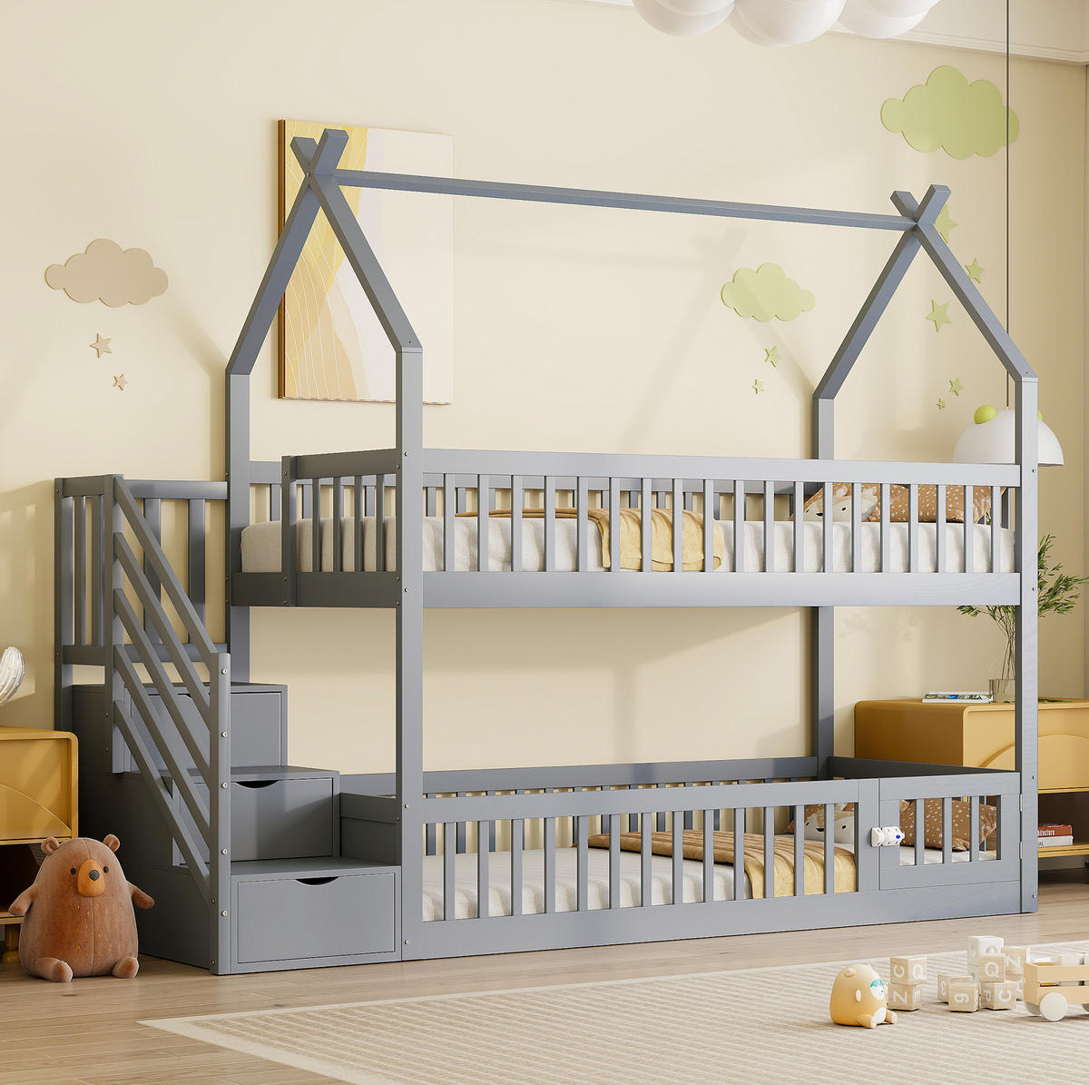 HAUSBETT 90/200 cm aus Kiefernholz mit Treppe und Schubladen in Grau - Grau, Holz (90/200cm) - BEAOK