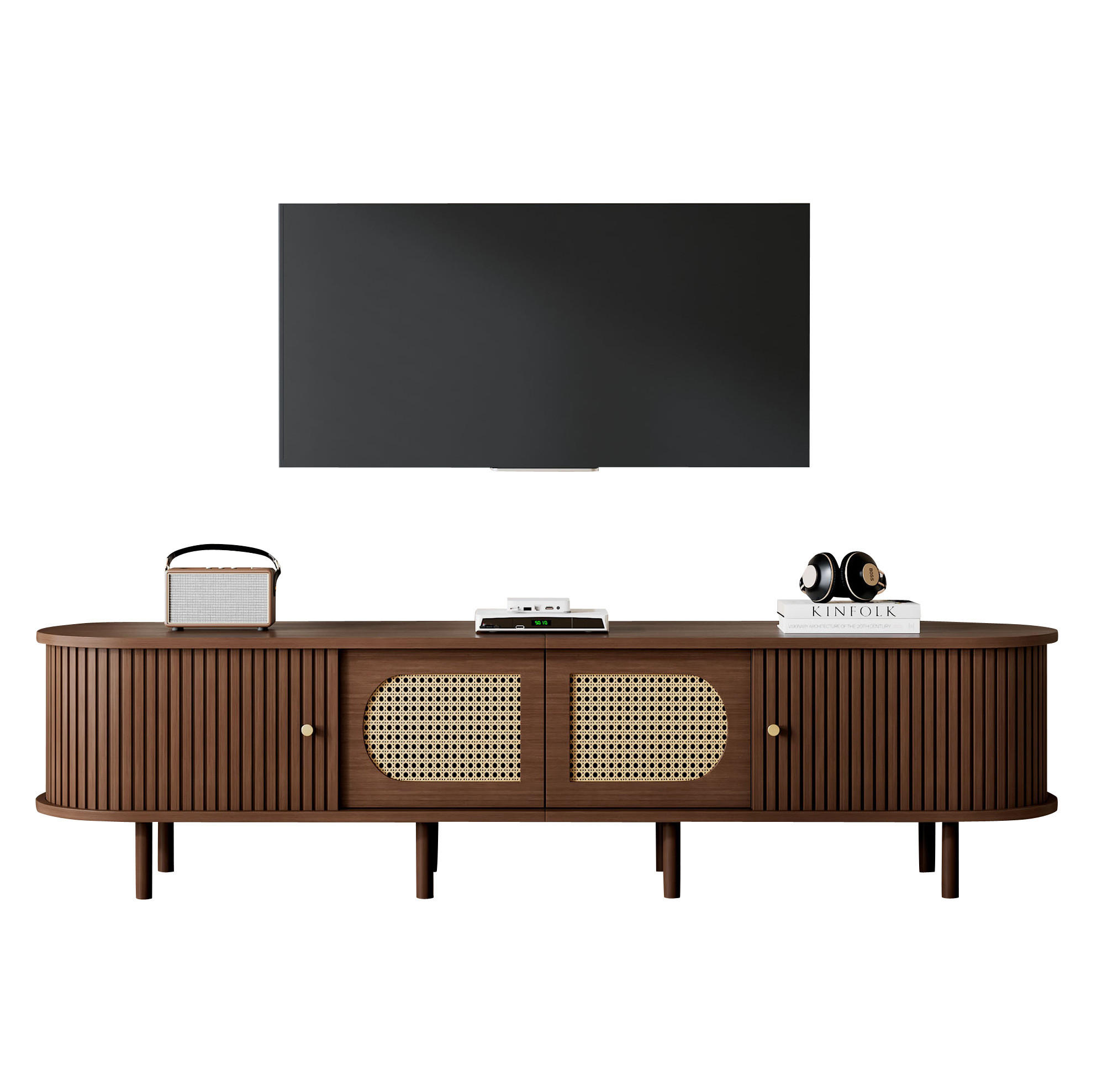 TV stolík 180/40/40 cm tmavý dub s ratanovým vzhľadom a posuvnými dvierkami z MDF - hnedá, kompozitné drevo (180/40/40cm) - OKWISH