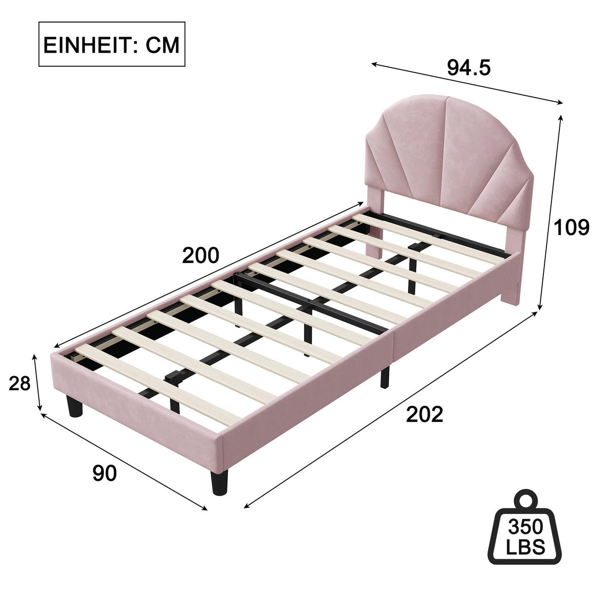 POLSTERBETT 90/190 cm Rosa mit gepolstertem Kopfteil - Rosa, Holz (90/190cm) - SHOPENTRA