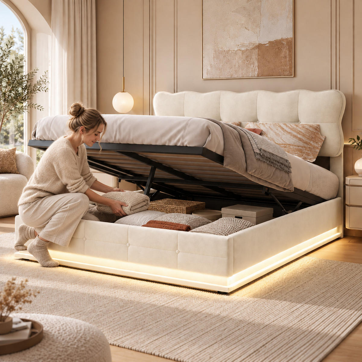 POLSTERBETT 140/190 cm mit LED-Beleuchtung - Beige, Holz/Metall (140/190cm) - Joyfair