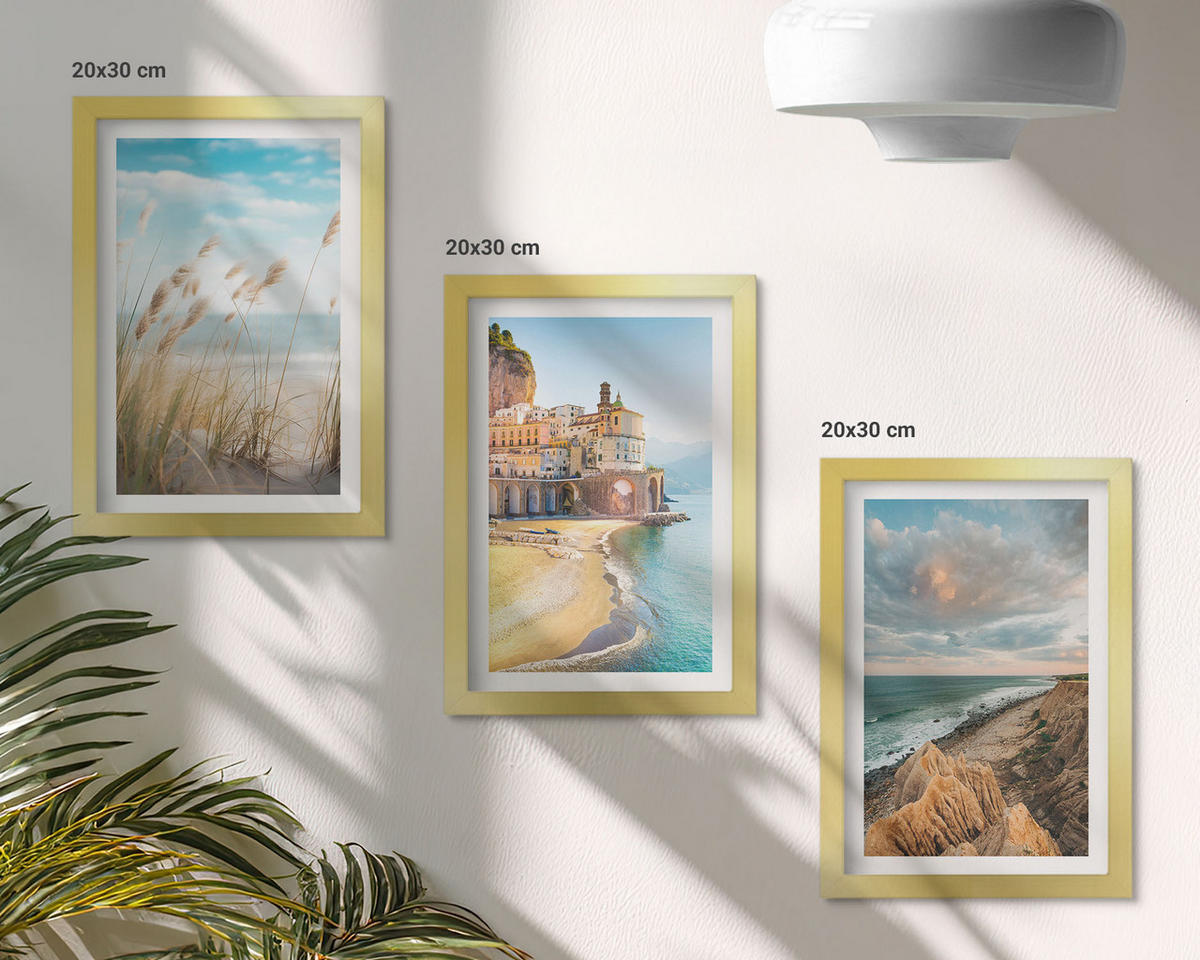 BILDER SET 3er Set - 20x30 cm Goldrahmen - Landschaften Strand Klippen Stadt - Goldfarben, Kunststoff (20/30cm) - TULUP
