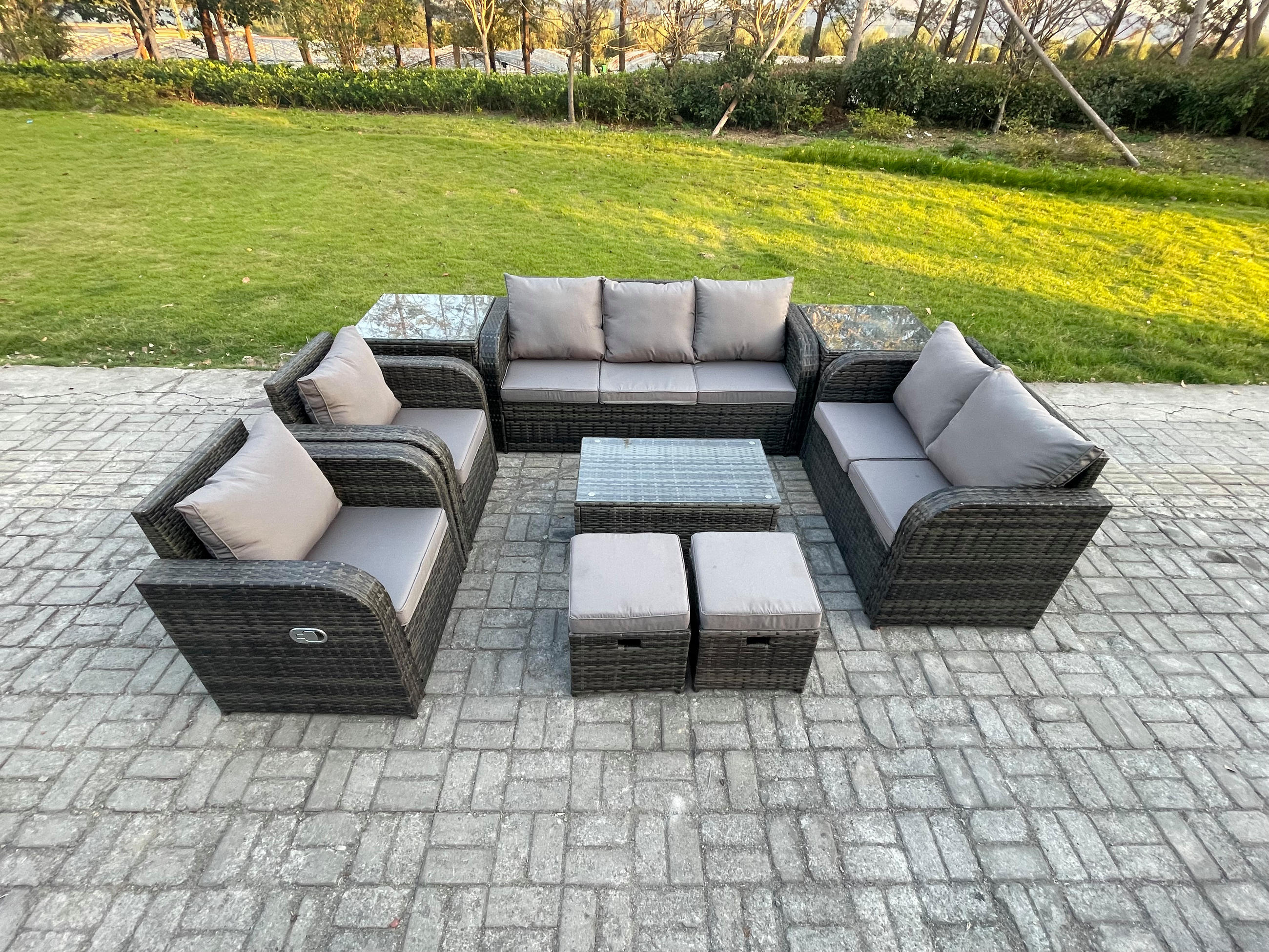 GARTENMÖBELSET mit Couchtisch Polyrattan 9-Sitzer - Dunkelgrau/Grau, Glas/Kunststoff - Fimous