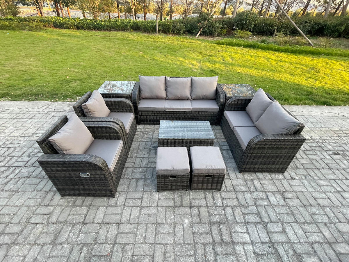 GARTENMÖBELSET mit Couchtisch Polyrattan 9-Sitzer - Dunkelgrau/Grau, Glas/Kunststoff - Fimous