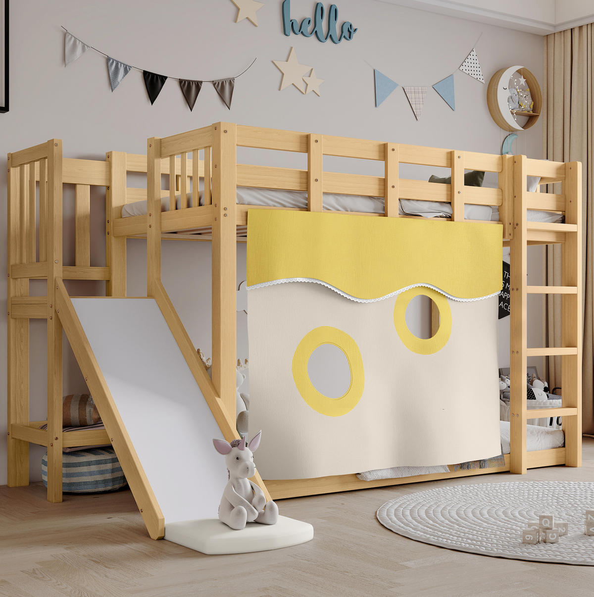 POSCHODOVÁ posteľ 90/200 cm prírodná z borovice a MDF so schodmi, šmykľavkou a závesom - prírodná farba, kompozitné drevo (90/200cm) - OKWISH