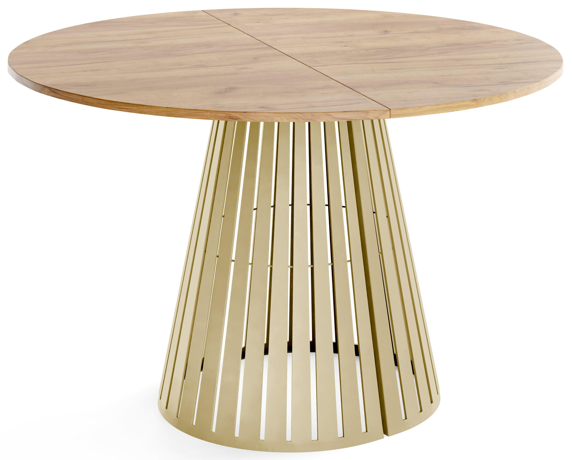 ESSTISCH Naro rund ausziehbar mit Goldenem Lamellen-Metallgestell, Braun 120-200/120/76 cm - Eiche Wotan/Goldfarben, Holzwerkstoff/Metall (120/196/76cm) - WFL GROUP