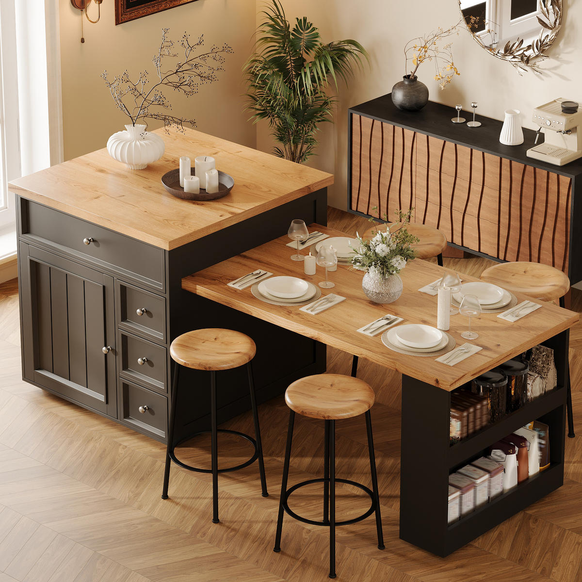 KÜCHENINSEL Ausziehbar mit Schubladen fahrbar mit Rollen für Küche und Essbereich Schwarz MDF 120 bis 184 cm - Schwarz, Holzwerkstoff/Metall (184/94/70cm) - EVRYAE