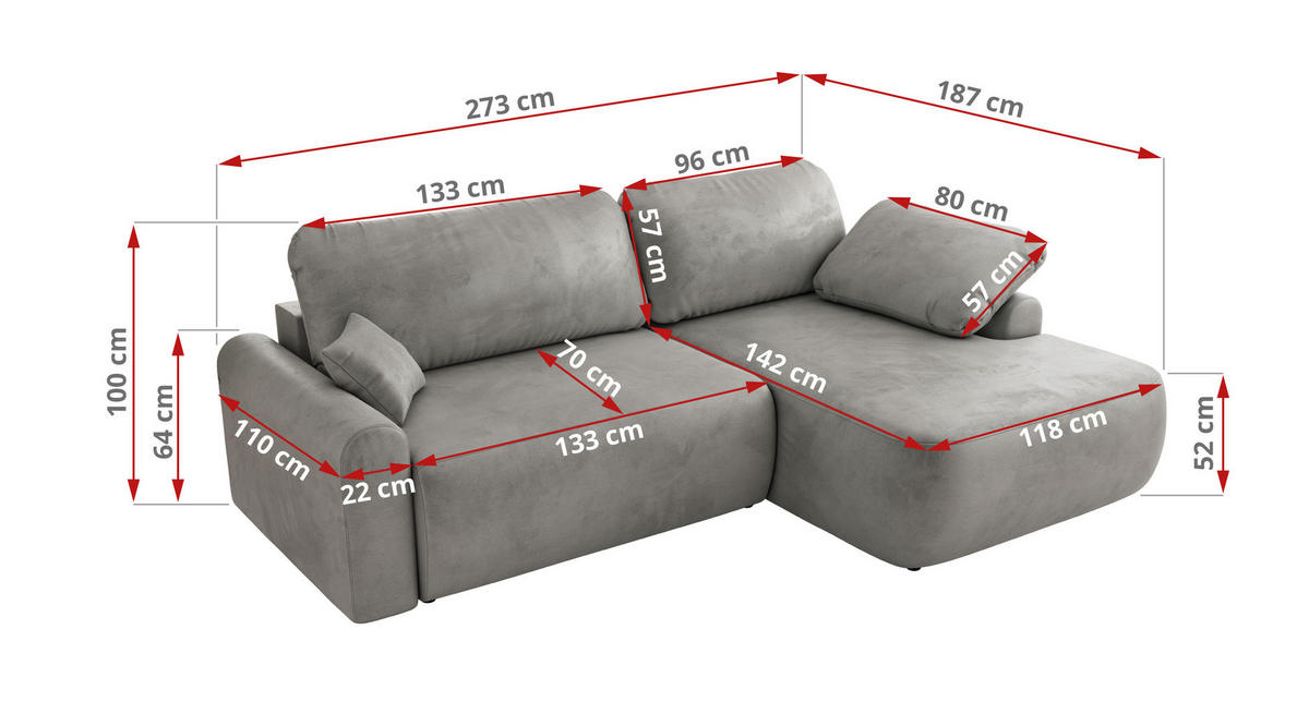 ECKSCHLAFSOFA CUBO L Hellgrau Velvet - rechts - Hellgrau/Schwarz, Kunststoff/Textil (187/273cm) - MKS
