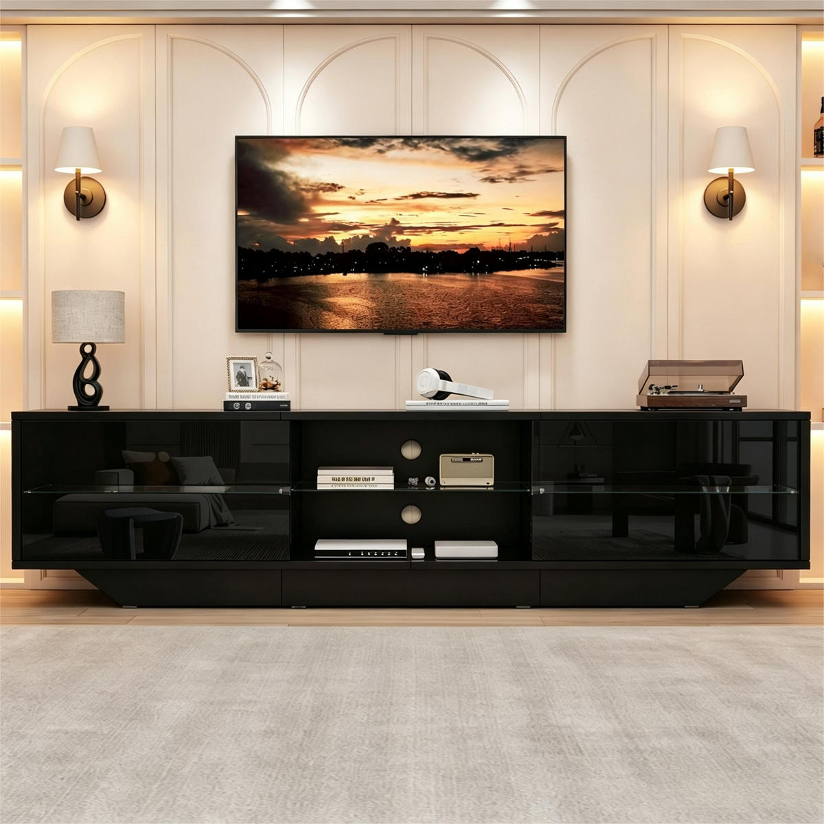 TV-LOWBOARD 160x35x44.5cm Schwarz mit LED und 2 Türen - Schwarz, Holzwerkstoff (160/44.5/35cm) - FLIEKS