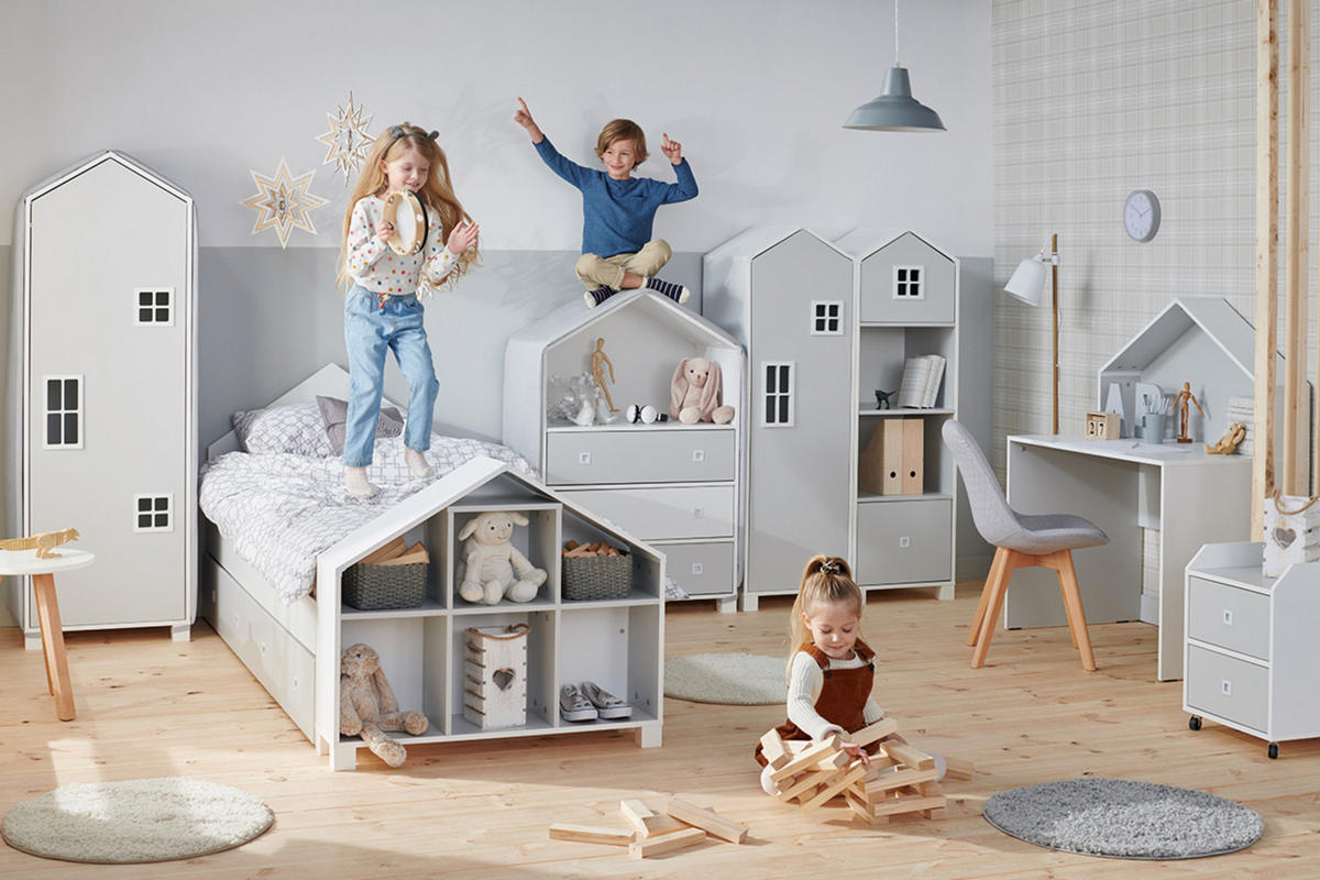 KINDERKLEIDERSCHRANK MIRUM 4 Einlegeböden, Weiß/Grau - Weiß/Grau, Holz (47/152/45cm) - KONSIMO®