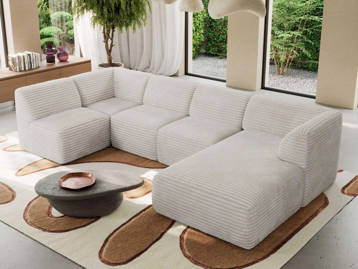WOHNLANDSCHAFT MODARO U 5M - Beige Cord - Rechts - Beige/Schwarz, Textil (345/78/180cm) - MKS