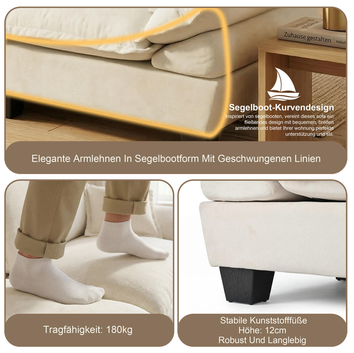 WOHNLANDSCHAFT aus Chenille 392x151x90 cm Beige mit USB-Anschluss, Stauraum, Getränkehaltern und 2 Ottomanen - Beige, Textil (392/90/151cm) - Modfu