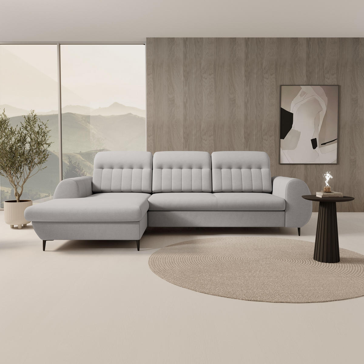 ECKSOFA PURO L-S Hellgrau Plüsch-Stoff mit Schlaffunktion - Hellgrau, Holz (275/166cm) - MASSENO