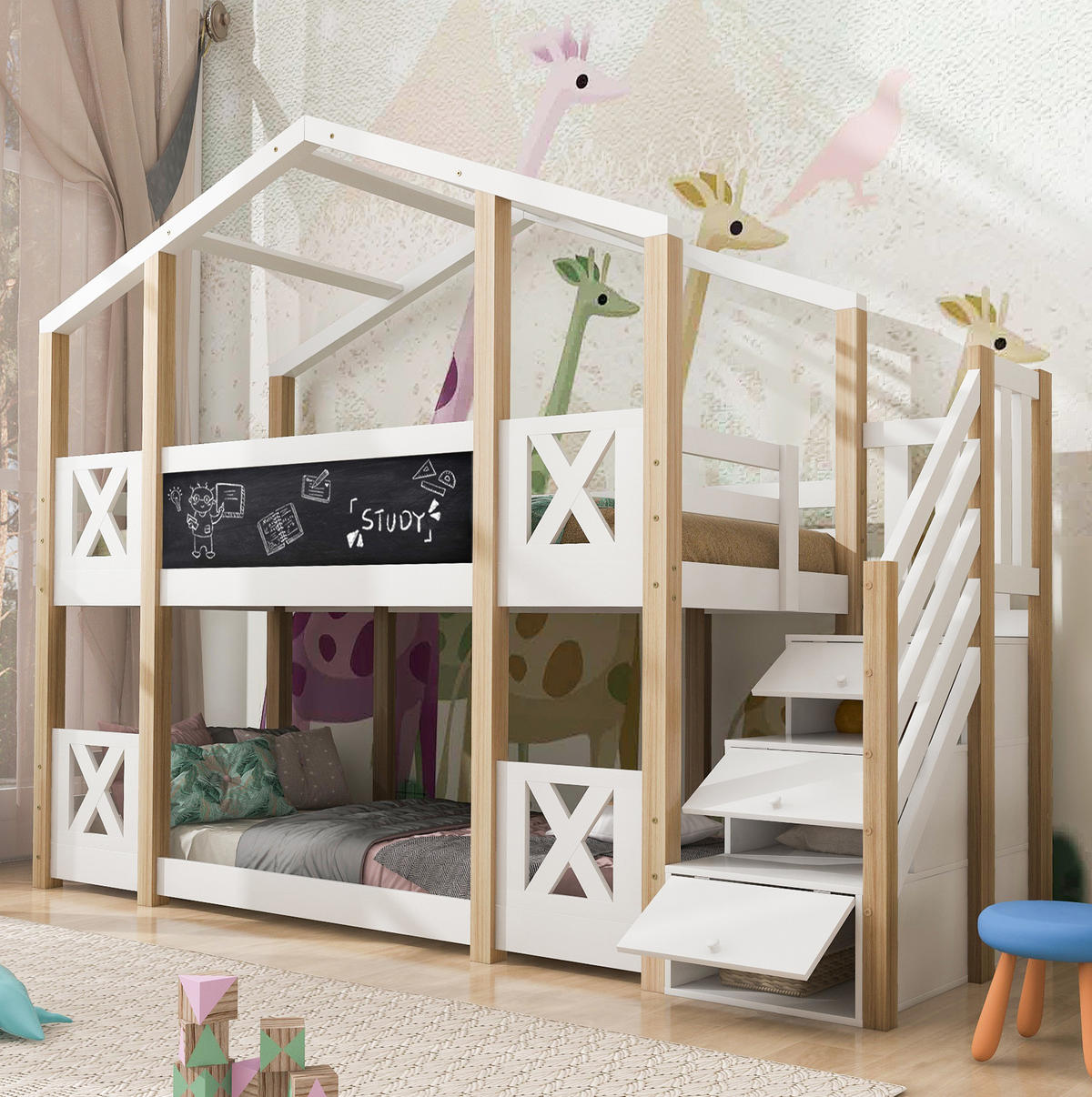 POSCHODOVÁ posteľ 90/200 cm biela/prírodná s tabuľou a úložnými schodmi z dreva - biela, kompozitné drevo (90/200cm) - OKWISH