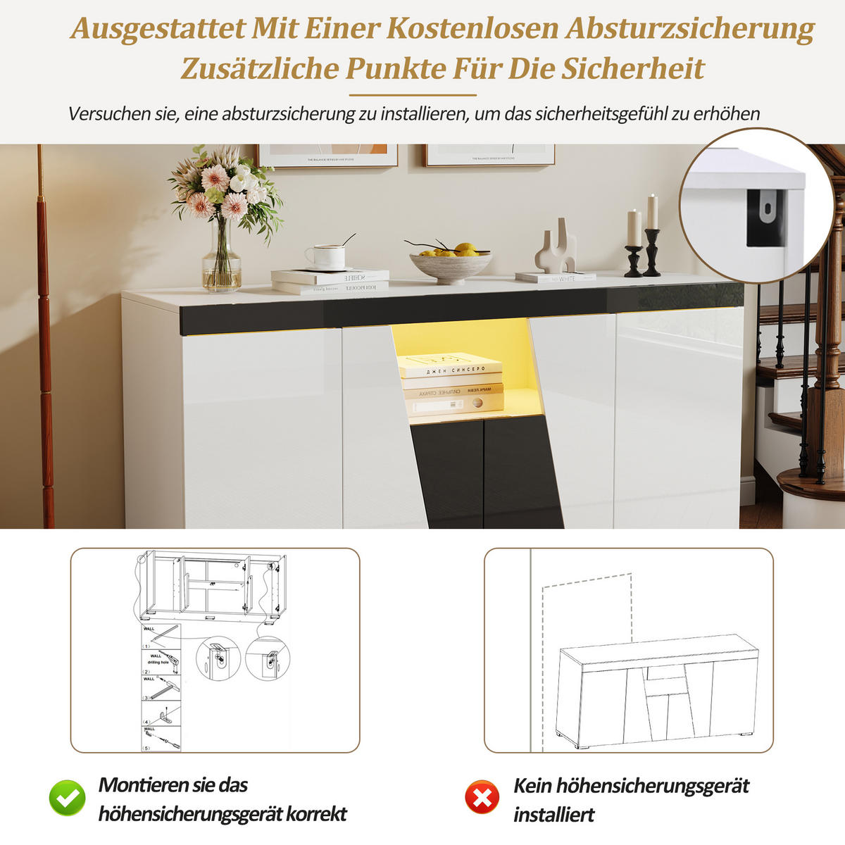 SIDEBOARD in Weiß & Schwarz mit App-LED-Lichtleiste - Weiß, Holzwerkstoff (140/65/40cm) - Urban Meuble