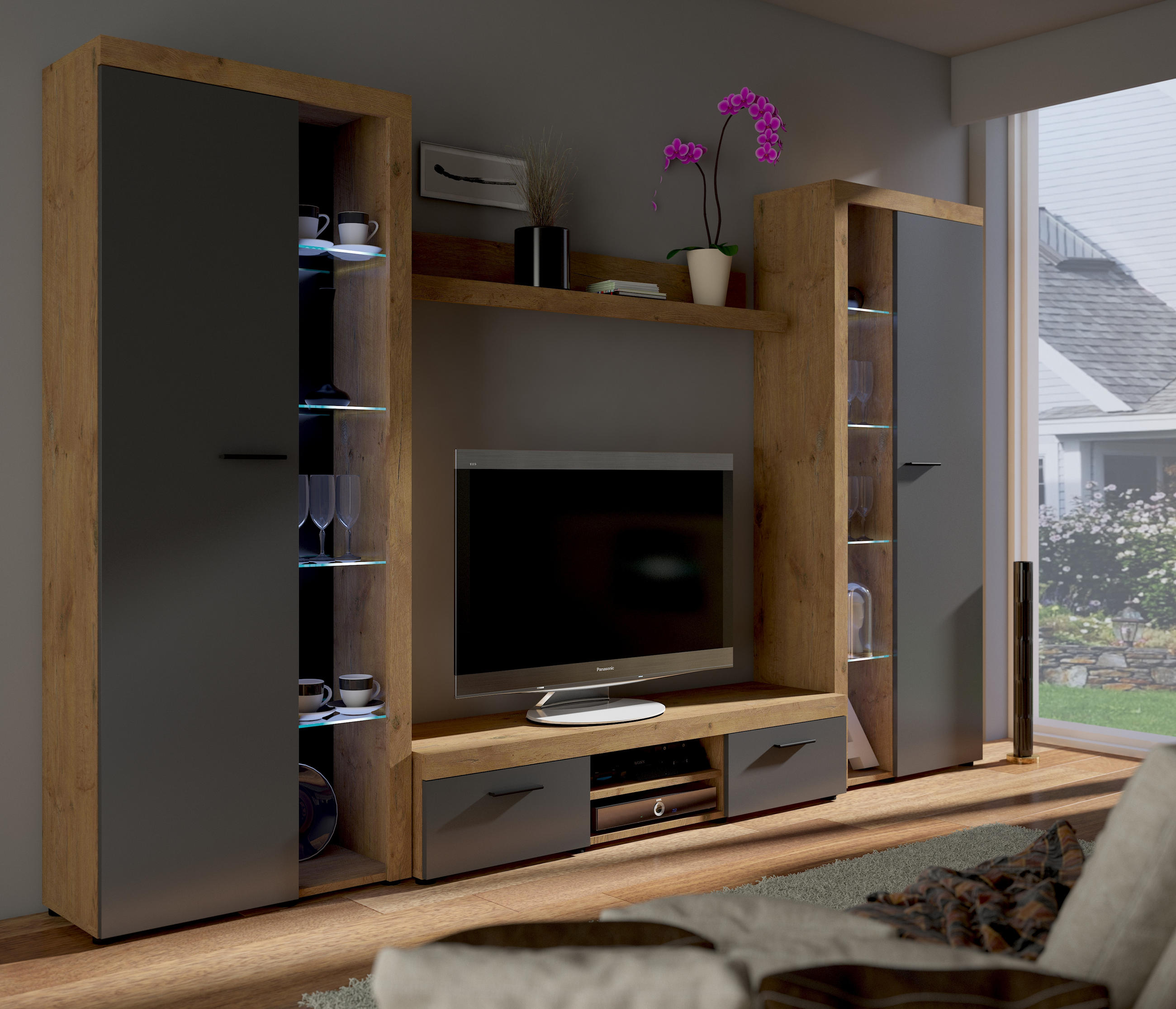 WOHNWAND OKTAWIA XL LED - Dunkelbraun/Graphitfarben, Holzwerkstoff (300/190/40cm) - Meblini