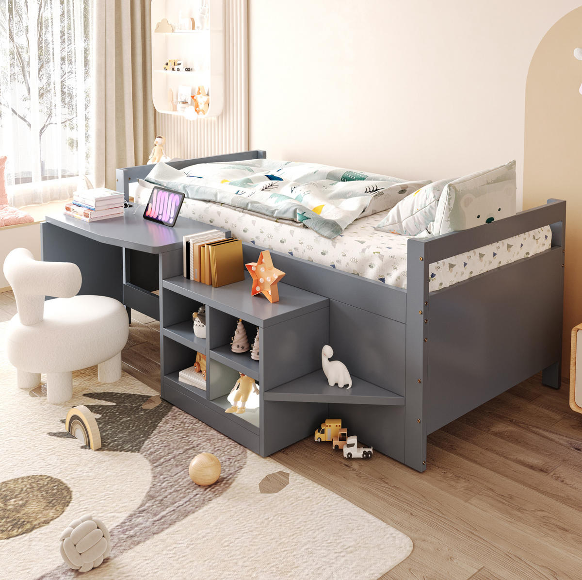 BETT 90/200 cm aus Holz mit Schreibtisch und Stauraum Grau - Grau, Holz (90/200cm) - OKMYHOME