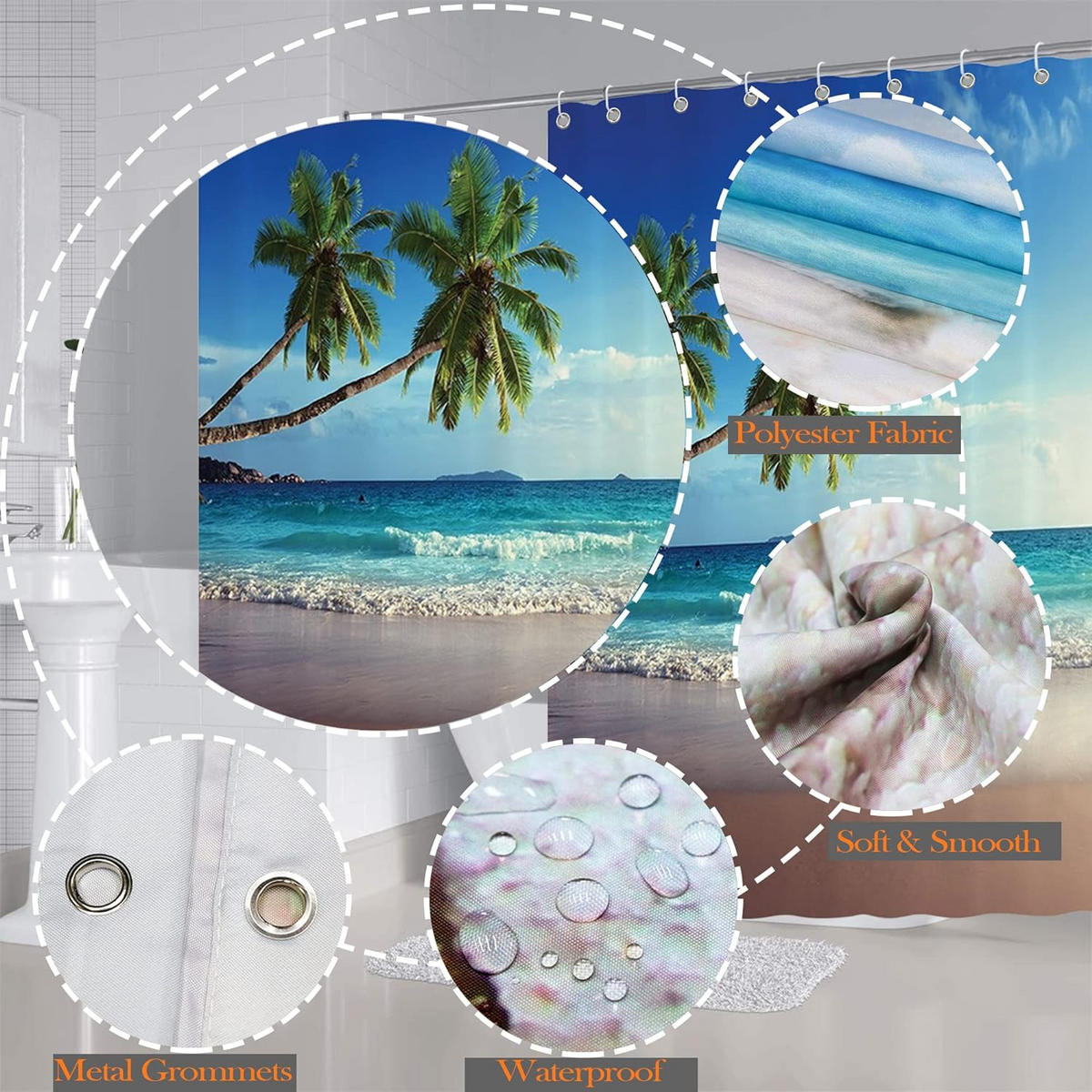 DUSCHVORHANG Strand 3D 180 x 200 cm wasserdicht mit Haken für Badewanne und Duschkabine - Multicolor, Textil (180/200cm) - MCBOSON