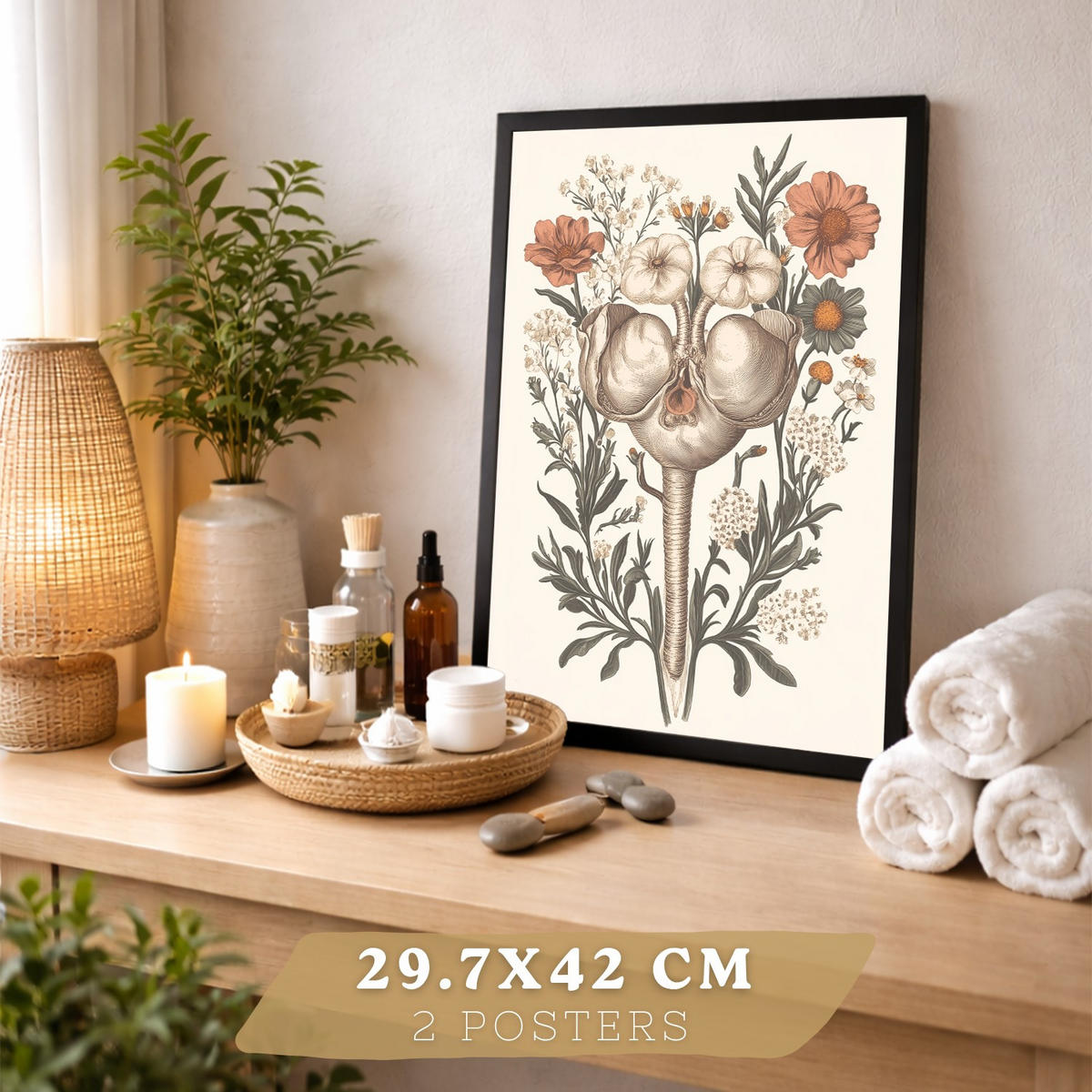 POSTER Set aus 2 Anatomie Mensch Drucke und Wandbilder mit Weiblicher Silhouette und Fortpflanzungssystem Botanischer Stil Größe Schwarzer Rahmen A3 - Schwarz, Papier (29.7/42/3cm) - Nacnic