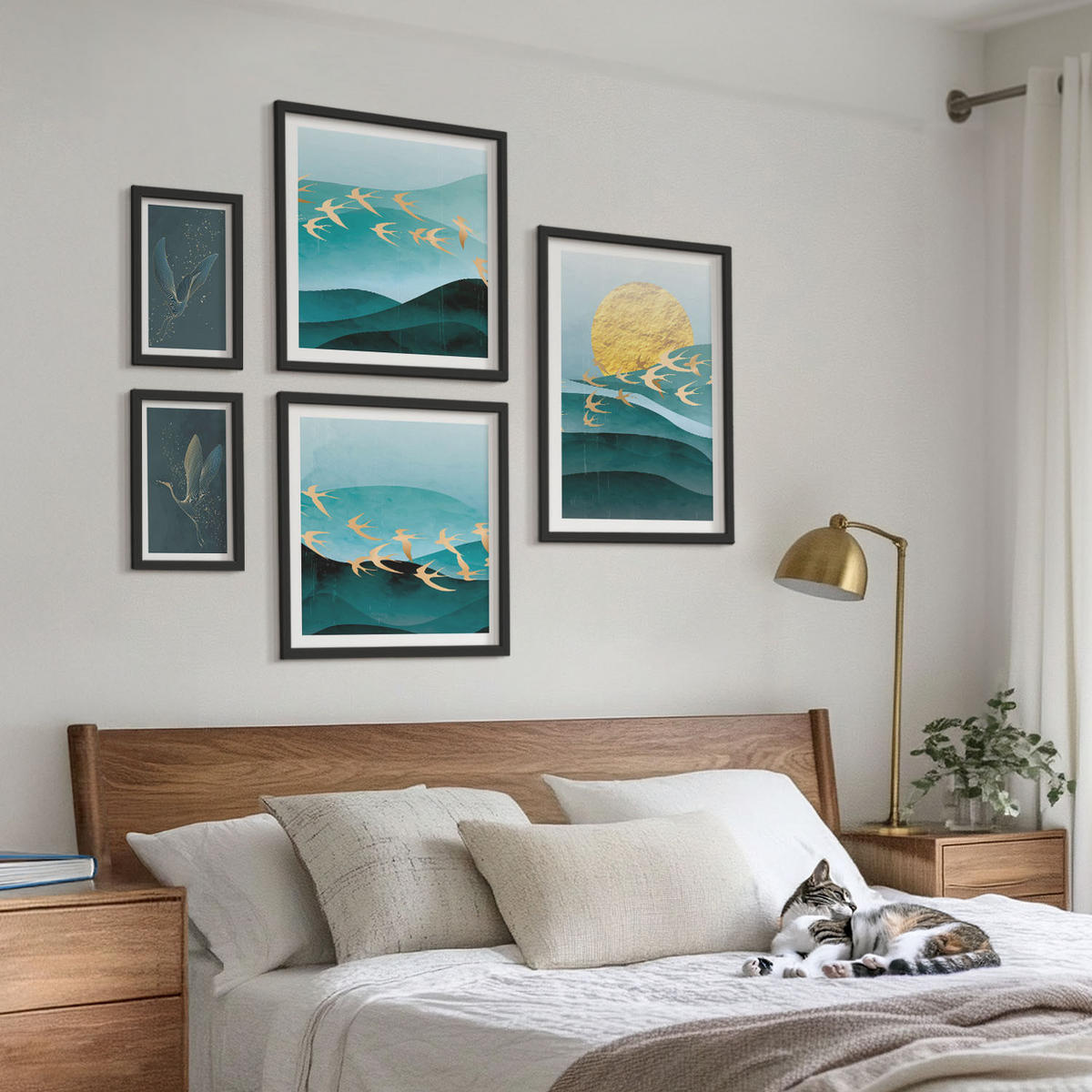 BILDER SET 5er Set - 50x50 cm & 20x30 cm & 40x60 cm Schwarzer Rahmen - Stilvolle Landschaften mit Vögeln - Schwarz, Kunststoff (40/60cm) - TULUP