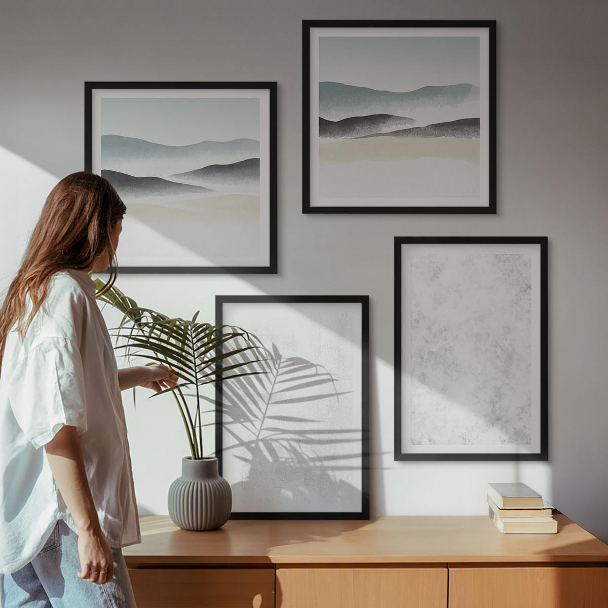 WANDBILDER 4er-Set - 50x50 cm & 40x60 cm Schwarzer Rahmen - Weiße Flecken auf Leinwandhintergrund - Schwarz, Kunststoff (50/50cm) - ArtPrintCave