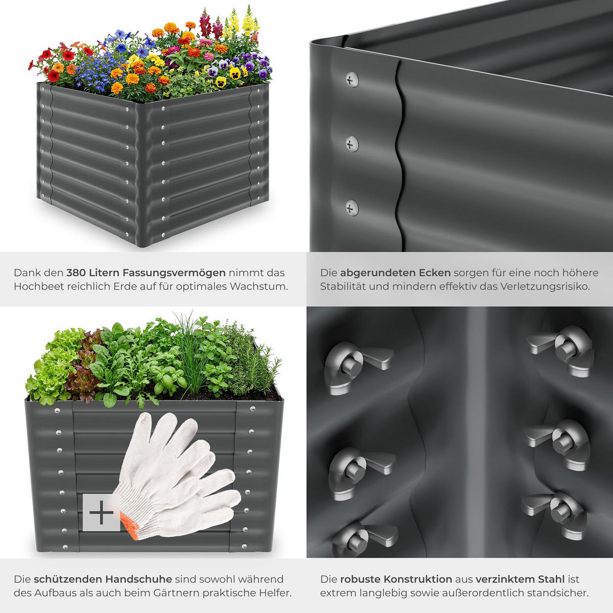 HOCHBEET Salvia, verzinkt, 80 x 80 x 62 cm, 380 l, inkl. Handschuhe, grau - Grau, Metall (80/62/80cm) - tectake