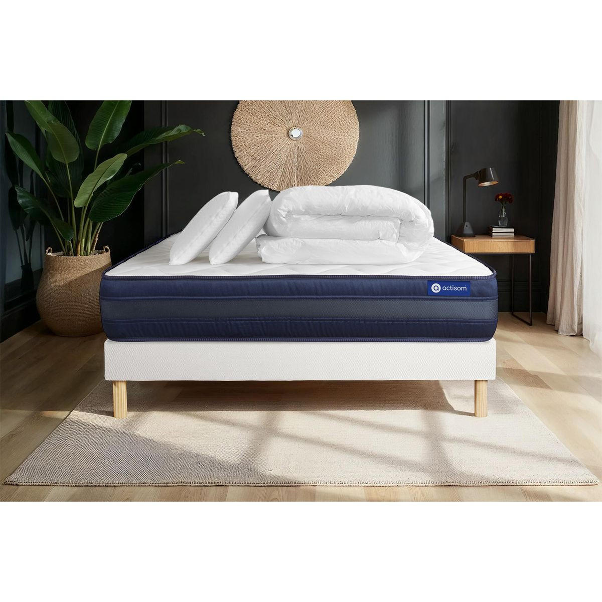BETT Actimemo tech Memory-Schaum 160 x 200 cm h4 - Kit Bettgestell Weiß - Mit Kissen und Bettdecke - Beige/Weiß, Karton/Holz (160/200cm) - ACTISOM