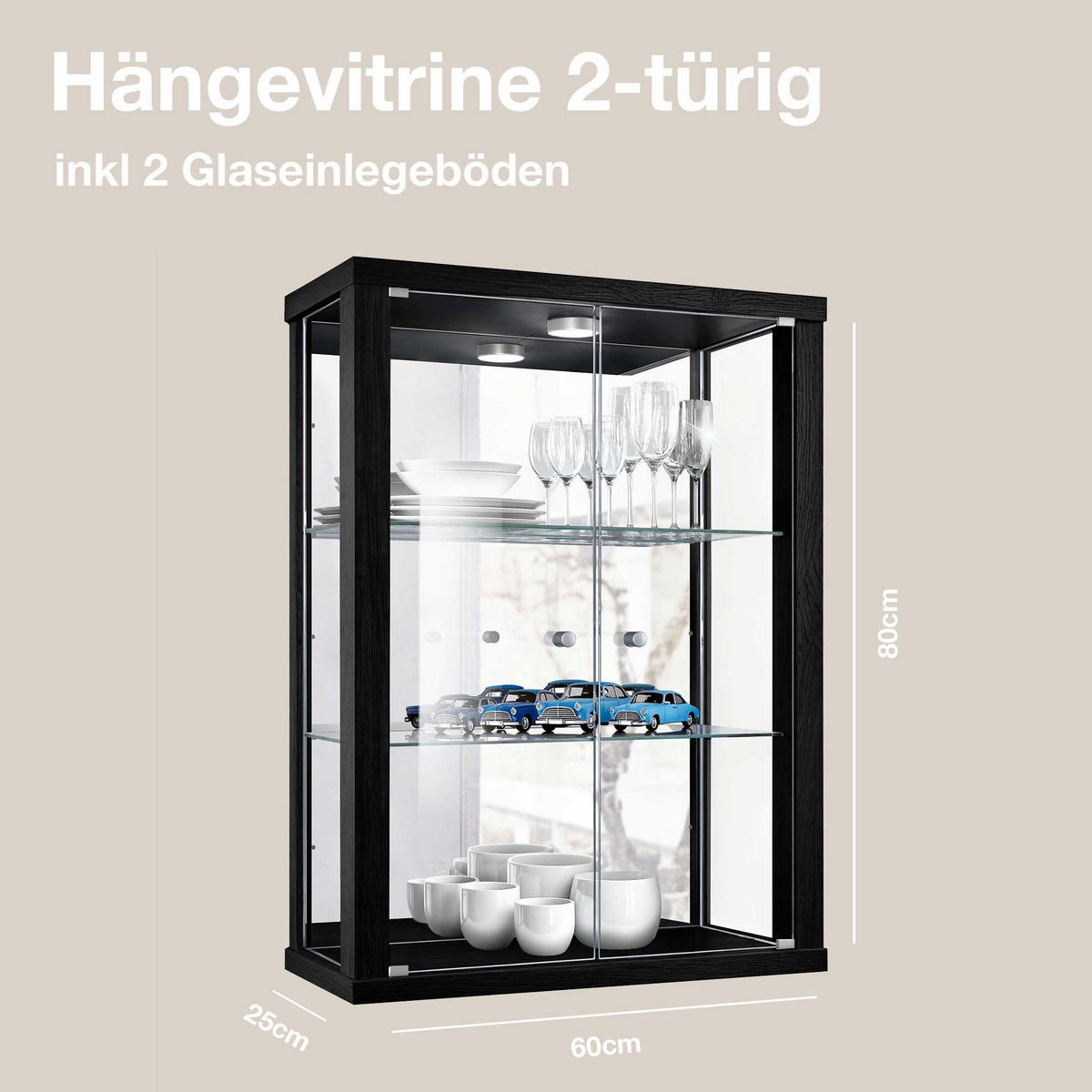 HÄNGEVITRINE 25/60/80 cm mit Spiegel, LED & 2 höhenverstellbaren Glasböden - Transparent/Silberfarben, Glas/Holzwerkstoff (60/80/25cm) - K-Möbel