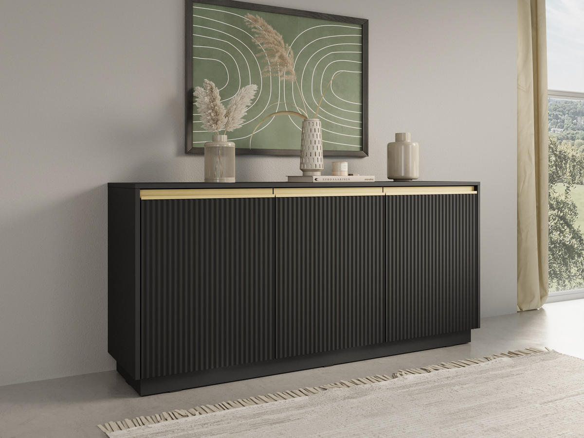 KOMMODE Loren 154 cm, dreitürig, mit geriffelten Fronten, schwarz - Goldfarben/Schwarz, Holzwerkstoff/Metall (154/72/39cm) - Ravio