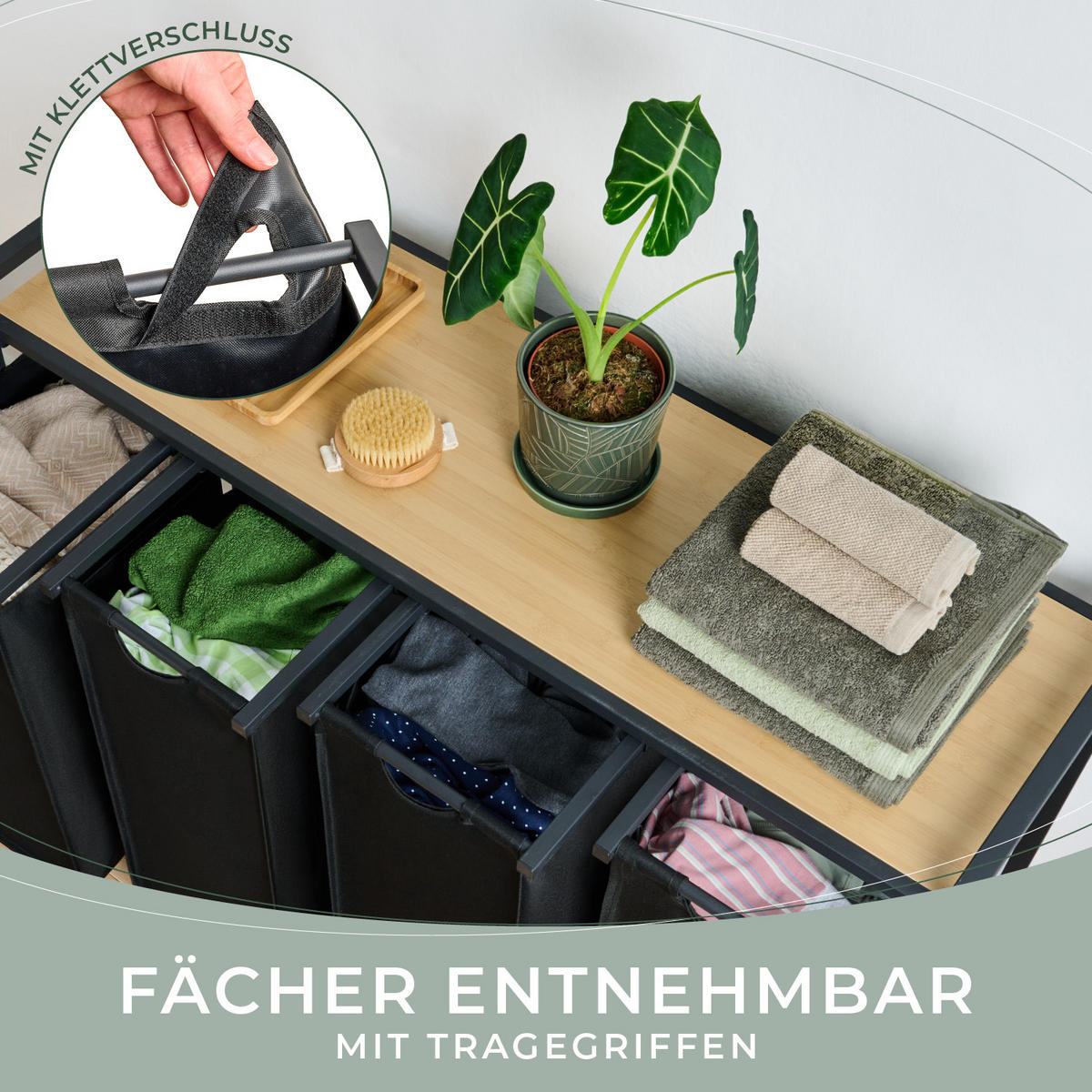 WÄSCHESAMMLER 4 Fächer Schwarz - Wäschekorb mit Ablage in Bambus-Optik - Wäschesortierer 4 Fächer - Schwarz, Textil (110.5/73/36cm) - Blumtal
