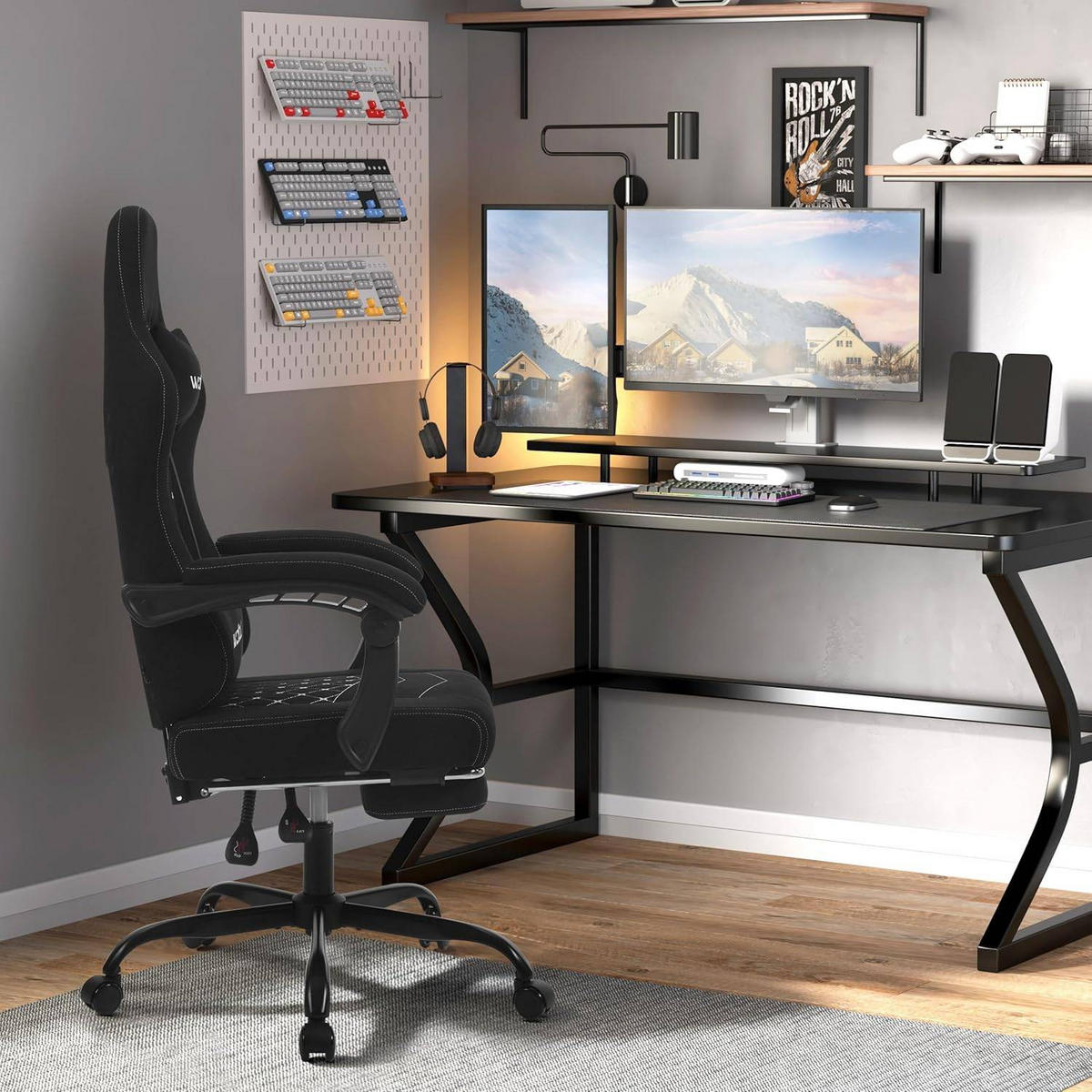 GAMINGSTUHL mit Massagefunktion, Computerstuhl Ergonomisch - Schwarz/Weiß, Kunststoff/Textil (70/127/70cm) - Woltu