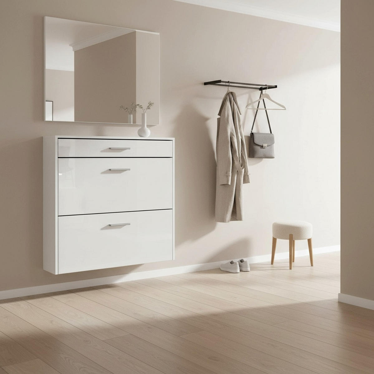 HÄNGENDER-SCHUHSCHRANK Roma Air Schmal mit 2 Klappen und 1 Schublade, Platzsparender Schuhkipper, Weiß matt/Weiß Hochglanz (89 x 87 x 23 cm) - Weiß Hochglanz, Holzwerkstoff (89/87/23cm) - InnoFurn