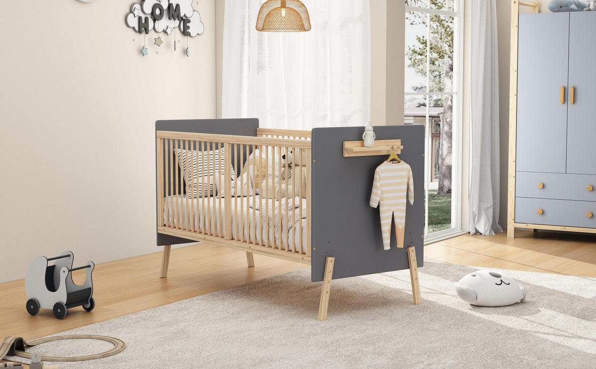 KINDERBETT 70/140 cm in Blaugrau & Natur mit 3-facher Höhenverstellung und Ablage Massivholz - Blau/Naturfarben, Holzwerkstoff - STILVORA