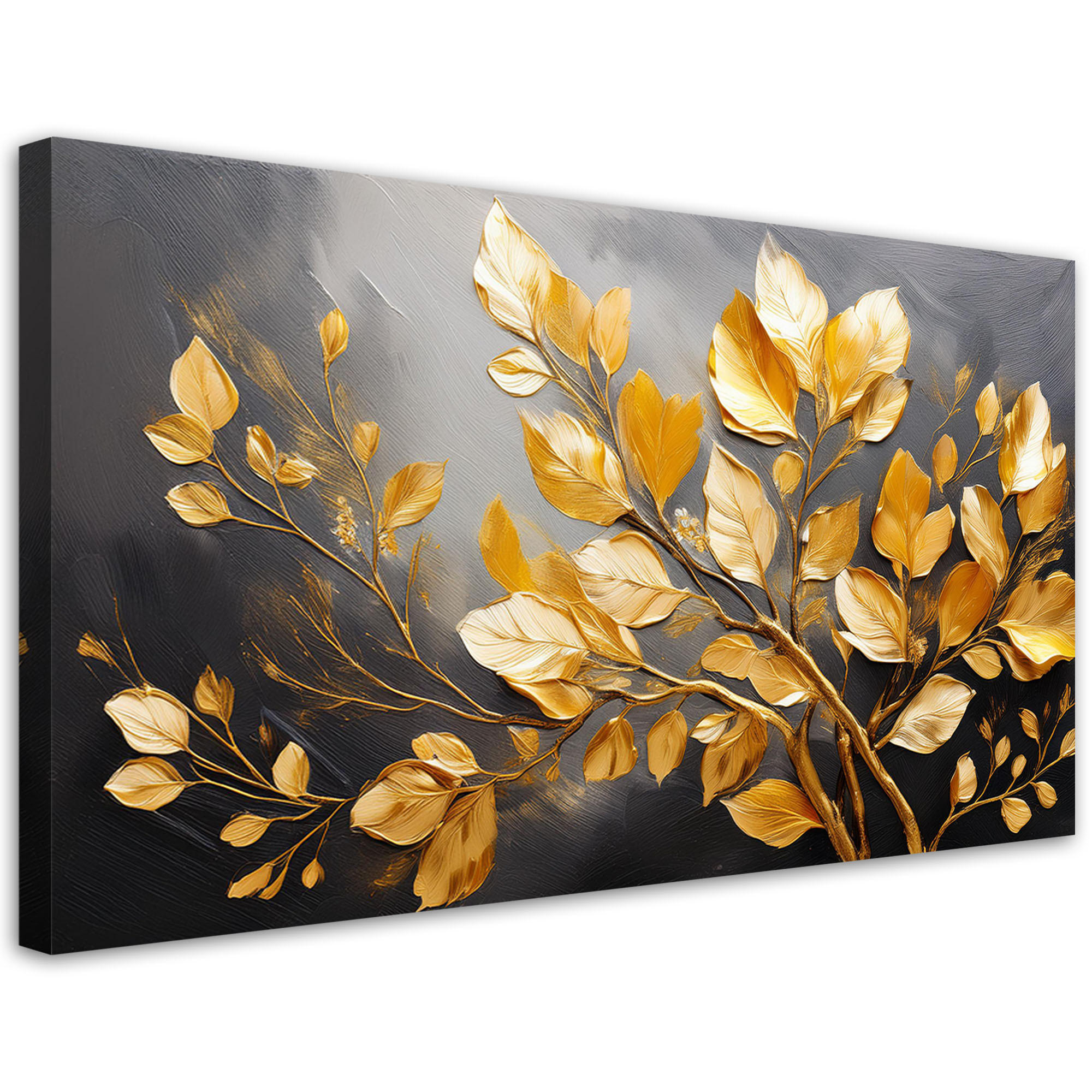 LEINWANDBILD Goldene Blätter auf grauem Hintergrund 100x50cm - Goldfarben, Textil (100/50cm) - Feeby