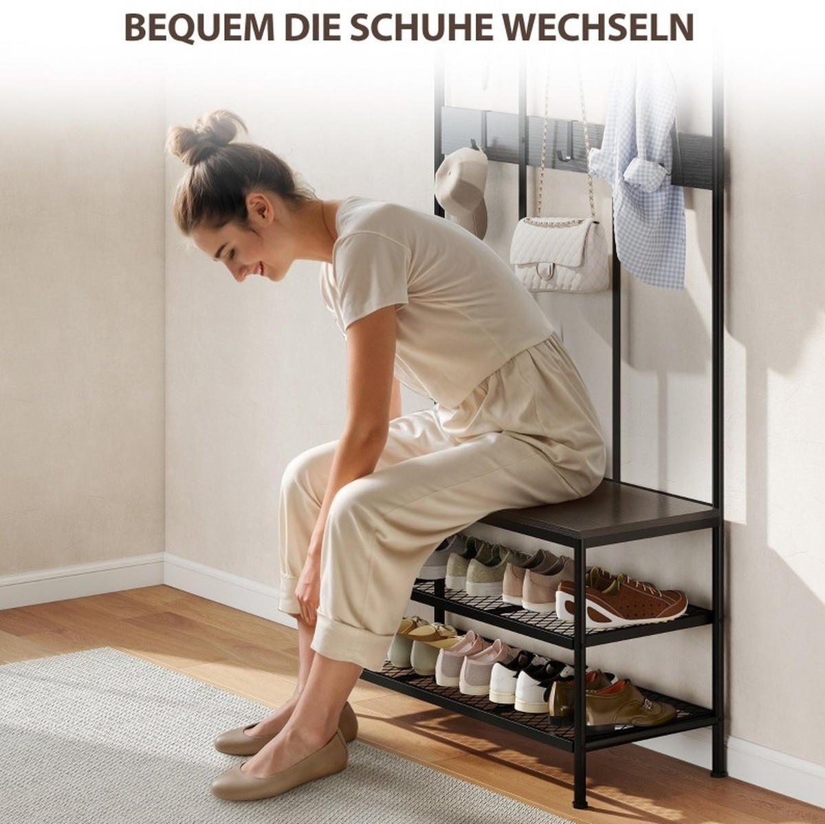 STANDGARDEROBE 91/36/180 cm mit 6 Haken, Sitzbank und Schuhablage in Schwarz - Schwarz, Metall (91/180/36cm) - BEAOK