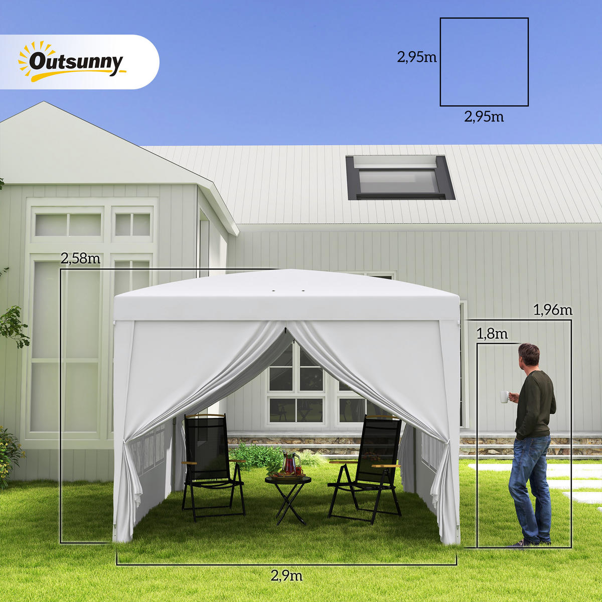 PAVILLON mit 4 Seitenwänden, Oxfordstoff, Stahl, Weiß - Weiß, Metall (295/258/295cm) - Outsunny