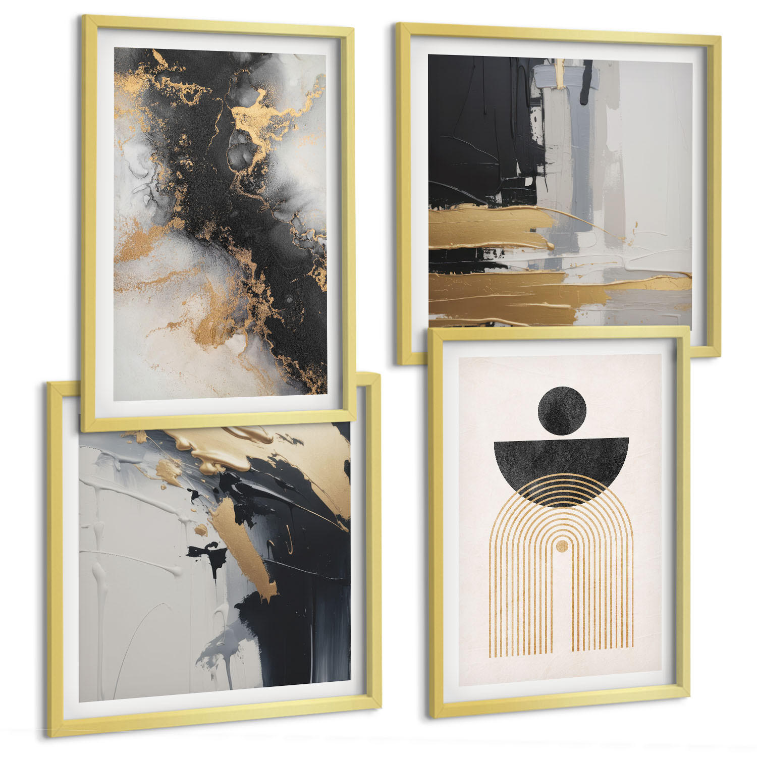 BILDER SET 4er Set - 50x50 cm & 40x60 cm Goldrahmen - Abstrakte Geometrie-Komposition - Goldfarben, Kunststoff (50/50cm) - TULUP