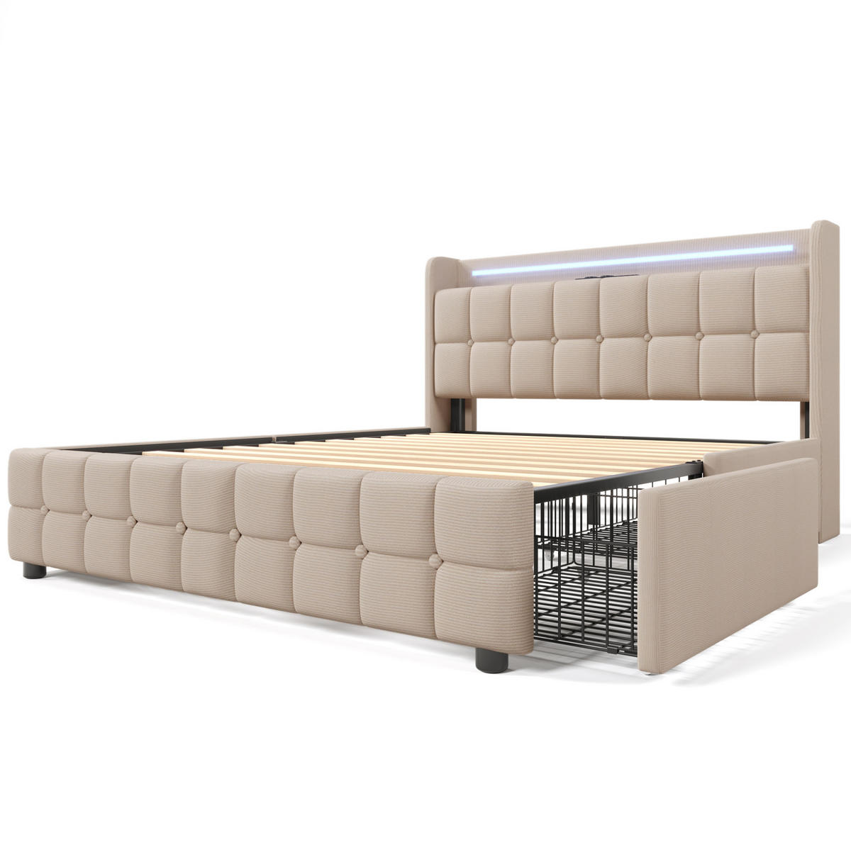 ČALOUNĚNÁ postel 140x200 cm béžová z dřeva s USB, LED a 4 zásuvkami s matrací - béžová, kompozitní dřevo (140/200cm) - OKWISH
