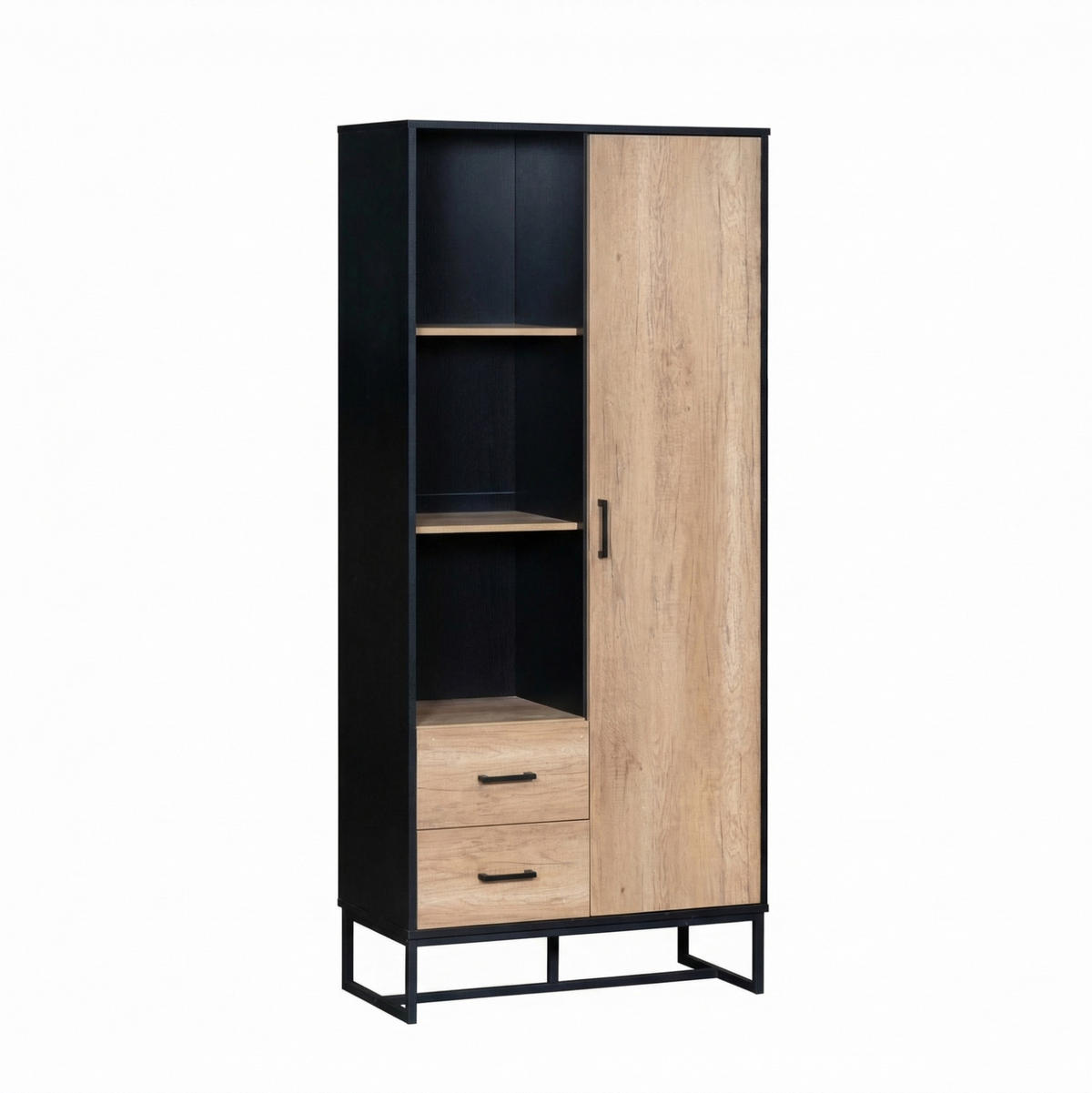 HIGHBOARD mit 1 Tür, 2 Schubladen 80x40x180 cm MDF Schwarz/Holzoptik - Schwarz, Holzwerkstoff (40/180/80cm) - Beauniv