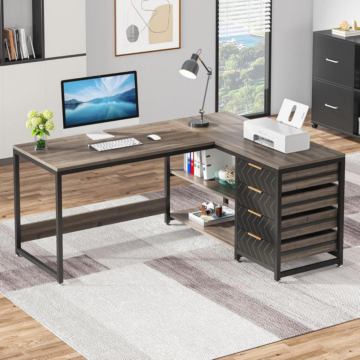 L-FORM Schreibtisch mit 4 Schubladen 150 x 110 x 75 cm Grau - Braun, Holzwerkstoff (110/150/75cm)