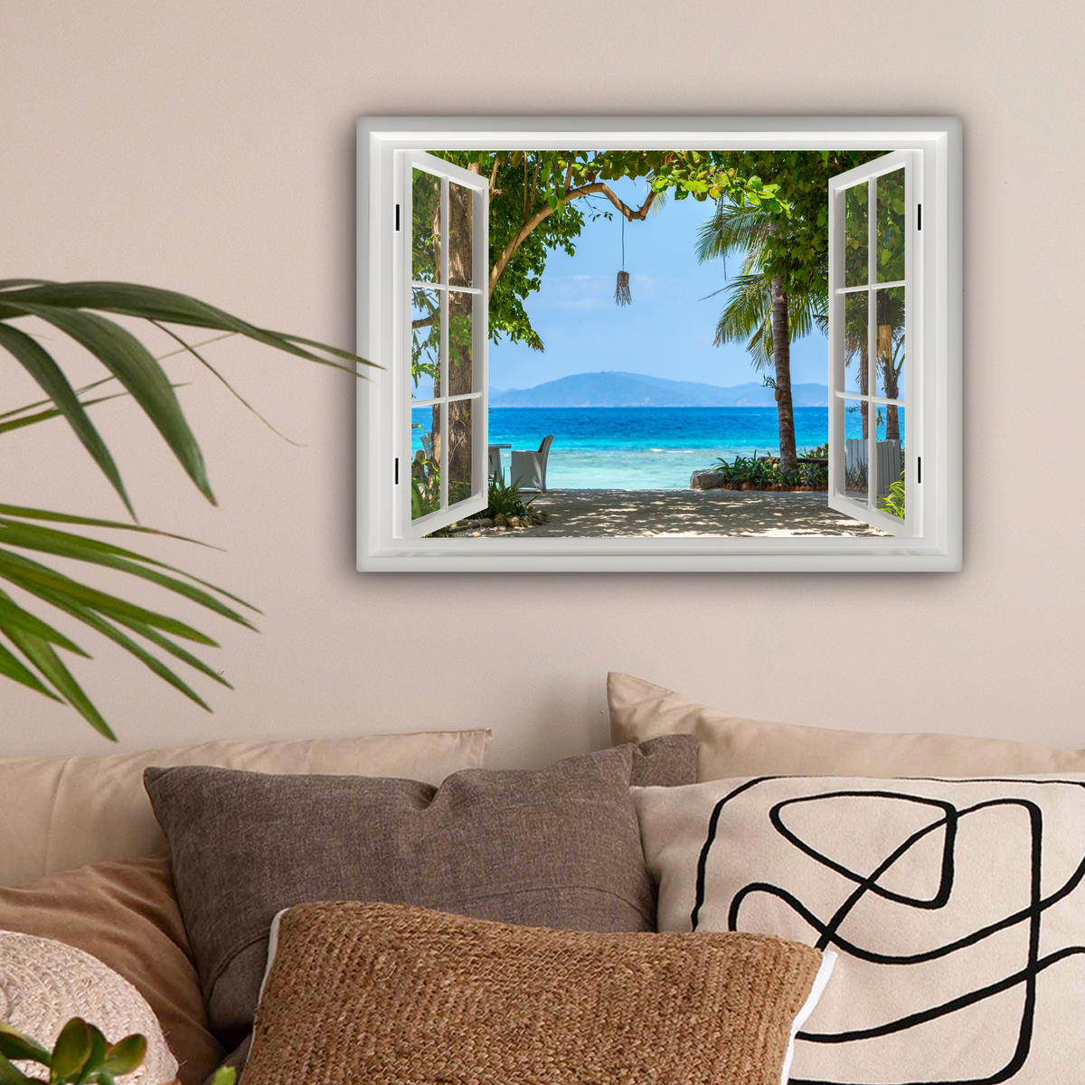 LEINWANDBILD Aussicht - Baum - Meer - Palme - Hügel - Strand - Blau 40x30 cm - Blau, Textil (40/30cm) - MuchoWow