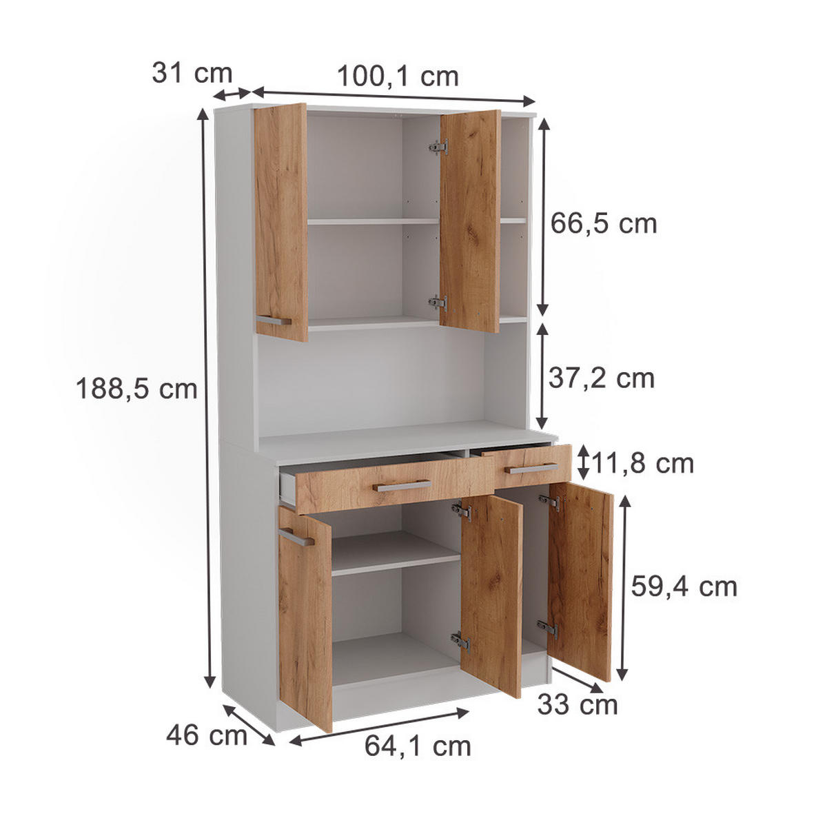 KÜCHENBUFFET Raul Weiß/Goldkraft Eiche 100.1 x 188.5 cm mit 5 Türen & 2 Schubladen - Honigeiche/Eiche Wotan, Holzwerkstoff (100.1/188.5/46cm) - Vicco