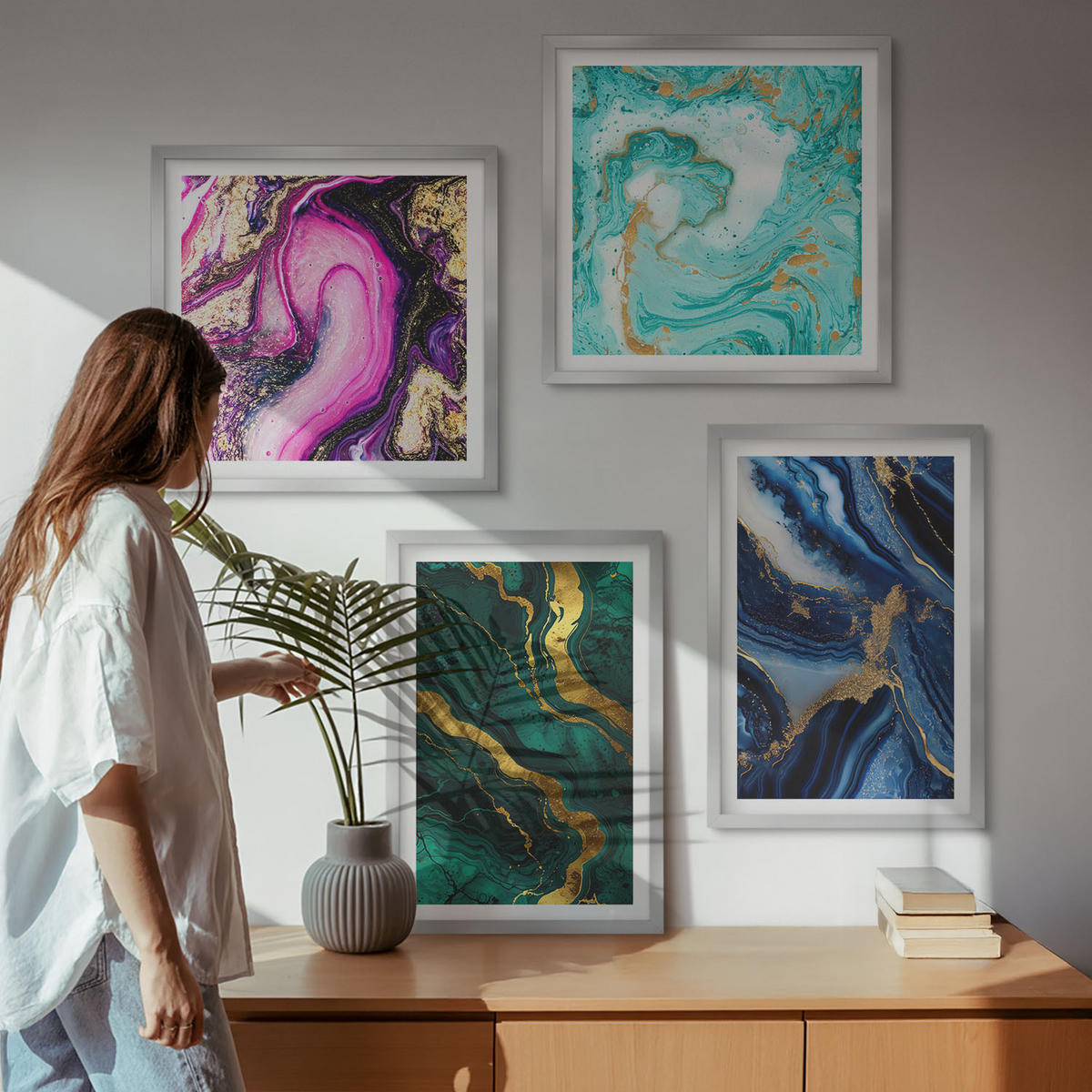 WANDBILDER 4er Set - 50x50 cm & 40x60 cm Silberner Rahmen - Abstrakte Muster in Rosa, Grün und Blau - Silberfarben, Kunststoff (50/50cm) - ArtPrintCave