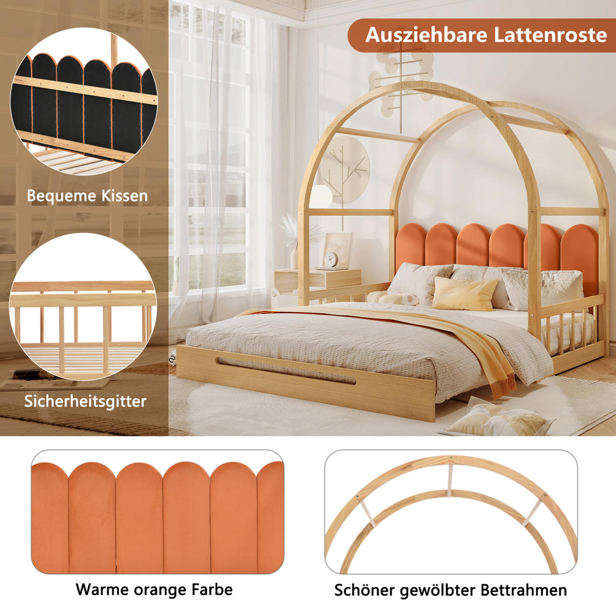 KINDERBETT 140/200 cm ausziehbar mit gewölbtem Dach, Kiefer/MDF, 3-seitigem Schutz und Kissen, Natur/Orange - Naturfarben, Holzwerkstoff (140/200cm) - Redom